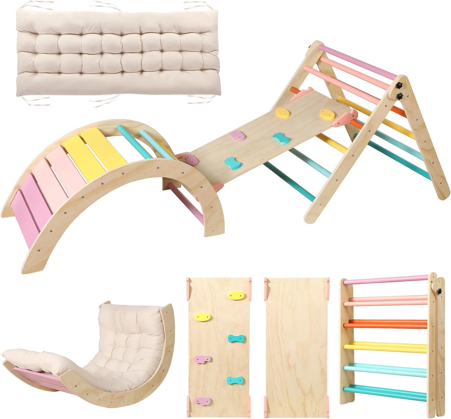 Triangle Set with Cushion, 5 in 1 Montessori Foldable Climbing Set, Climbing Indoor Playground Set for Toddlers, Wooden Climbing Toys with Ramp and Arch Climber for Kids (Wooden Color)