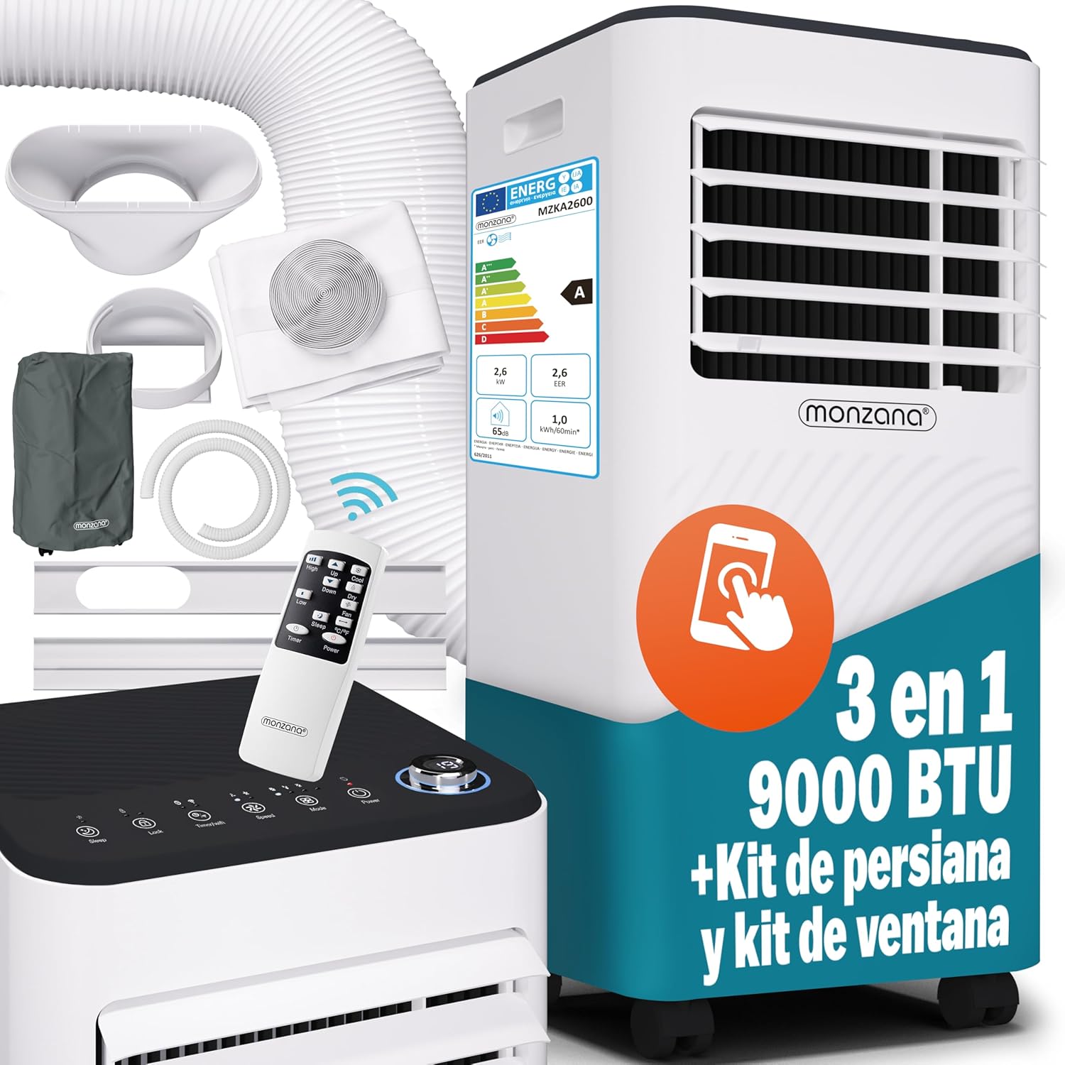 MONZANA® Aire Acondicionado Portátil 3en1 Bajo Consumo 30m² App WiFi 9000 BTU Silencioso Mando a Distancia Pantalla LED Temporizador 24h Enfriador Deshumificación Ventilador Dormitorio Oficina
