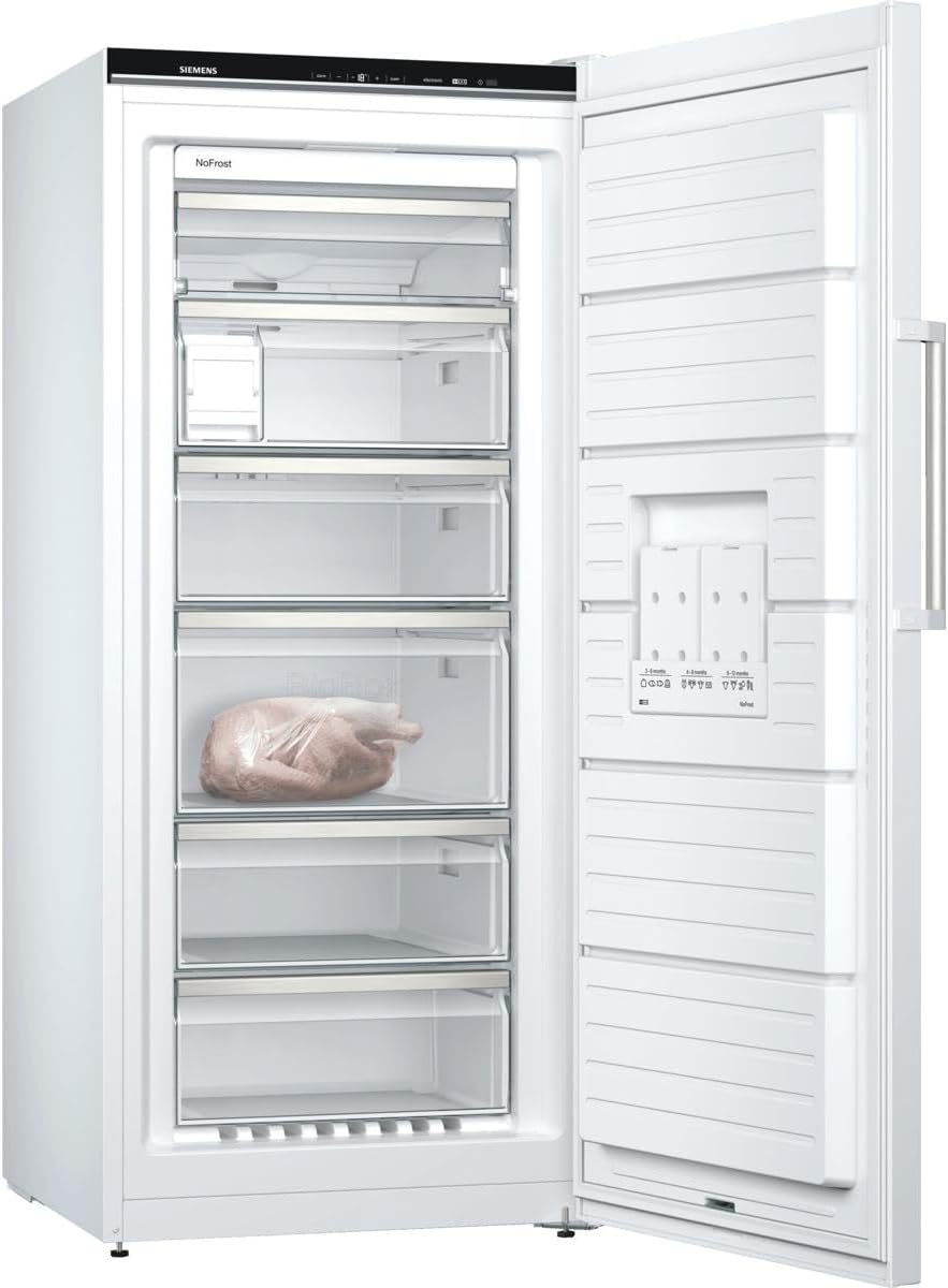 Siemens GS54NAWCV iQ500 Gefrierschrank, 176 x 70 cm, 327 L, noFrost nie wieder abtauen, bigBox Platz für großes Gefriergut, varioZone flexible Glas-und Schubladen, Weiß