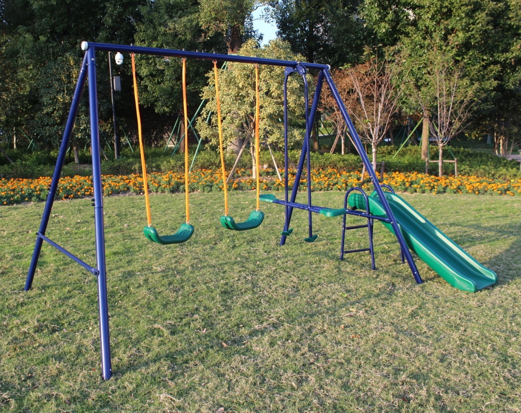 Swing Set, A-Frame Metal Swingsets with Slide Steel Chain and Thick Durable Rope, Safe and Comfortable Kids Swing Set with U-shaped Curve Design for Backyard Outdoor, Blue, Green, Orange