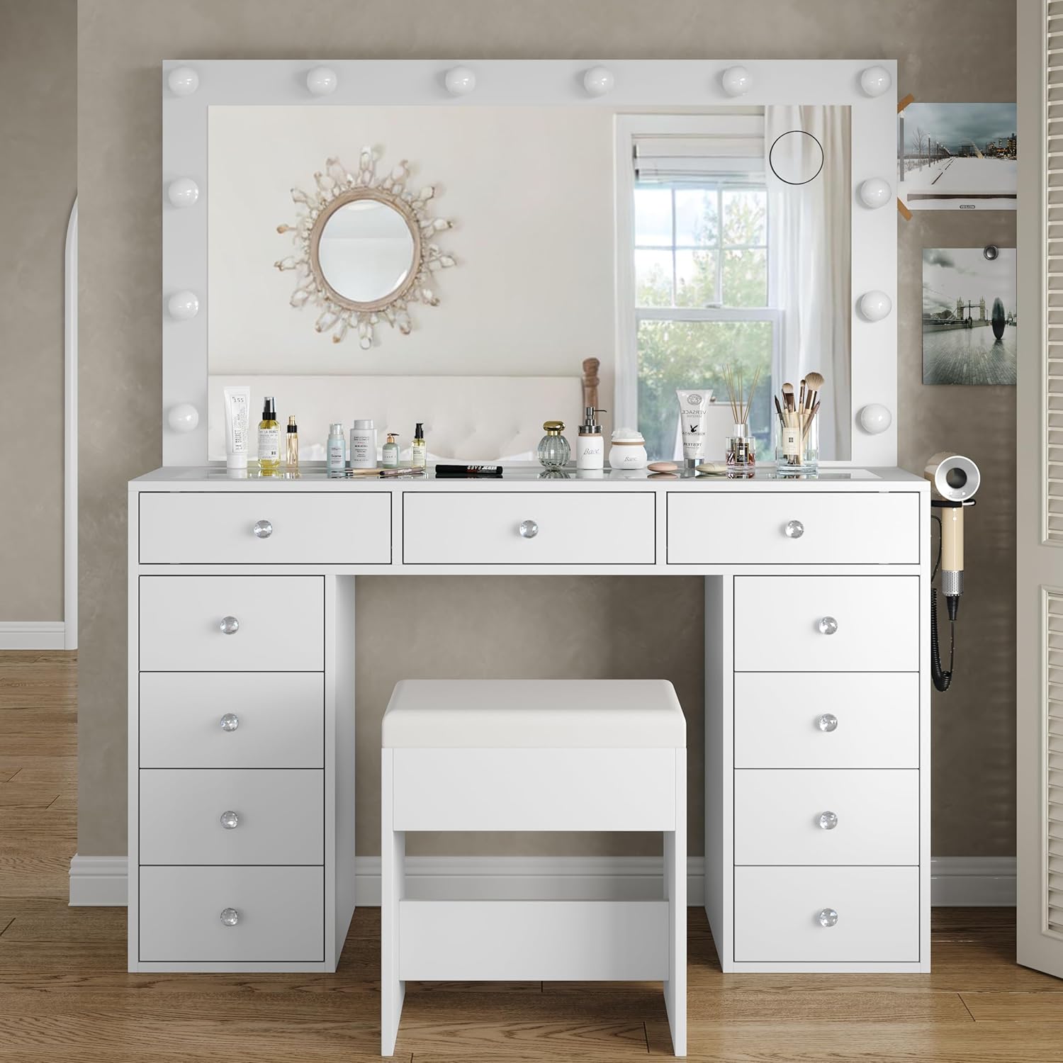 Vanity Desk & Power Outl, Makeup Vanity with Mirror and 12 LED Lights, Makeup Table with 11 Drawers, Vanity Table with Chair,Set 3 Lighting Modes Brightness Adjustable-(White)