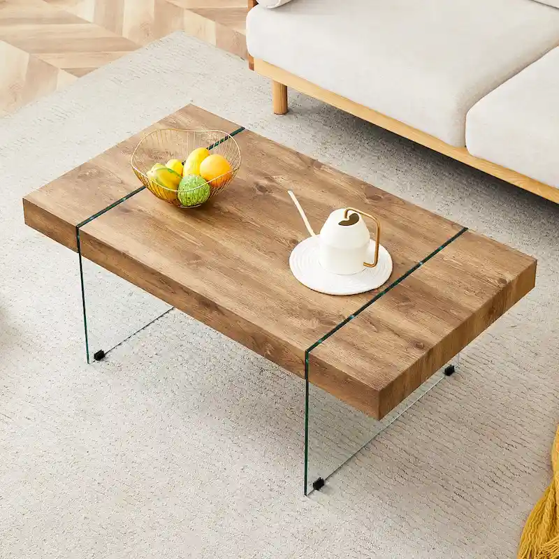 Rectangular Coffee Table with Tempered Glass Legs - Wooden Side and Center Tables for Living Room and Reception Area