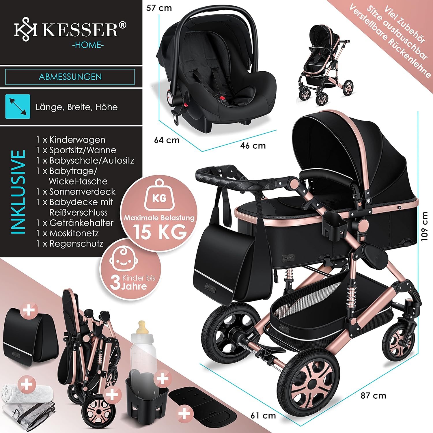 KESSER® Loops 3 in 1 Kinderwagen Kombikinderwagen Komplett-Set inkl. Babywanne & Buggy Sportsitz & Auto-Babyschale Voll-Gummireifen Wickeltasche Regenschutz Kindertisch ECE R129, Grau/Silber