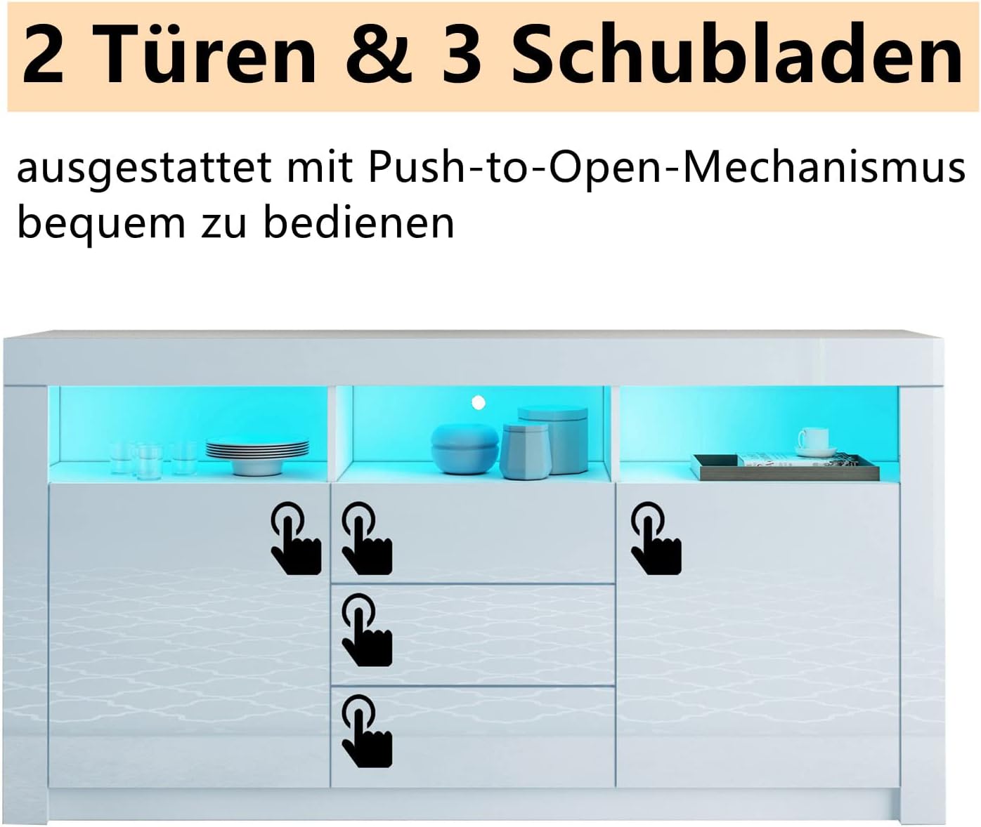 Sideboard Hochglanz Matt Anrichte Schrank mit 2 Türen 3 Schubladen & LED Beleuchtung TV Lowboard Für Esszimmer Wohnzimmer Möbel Weiß