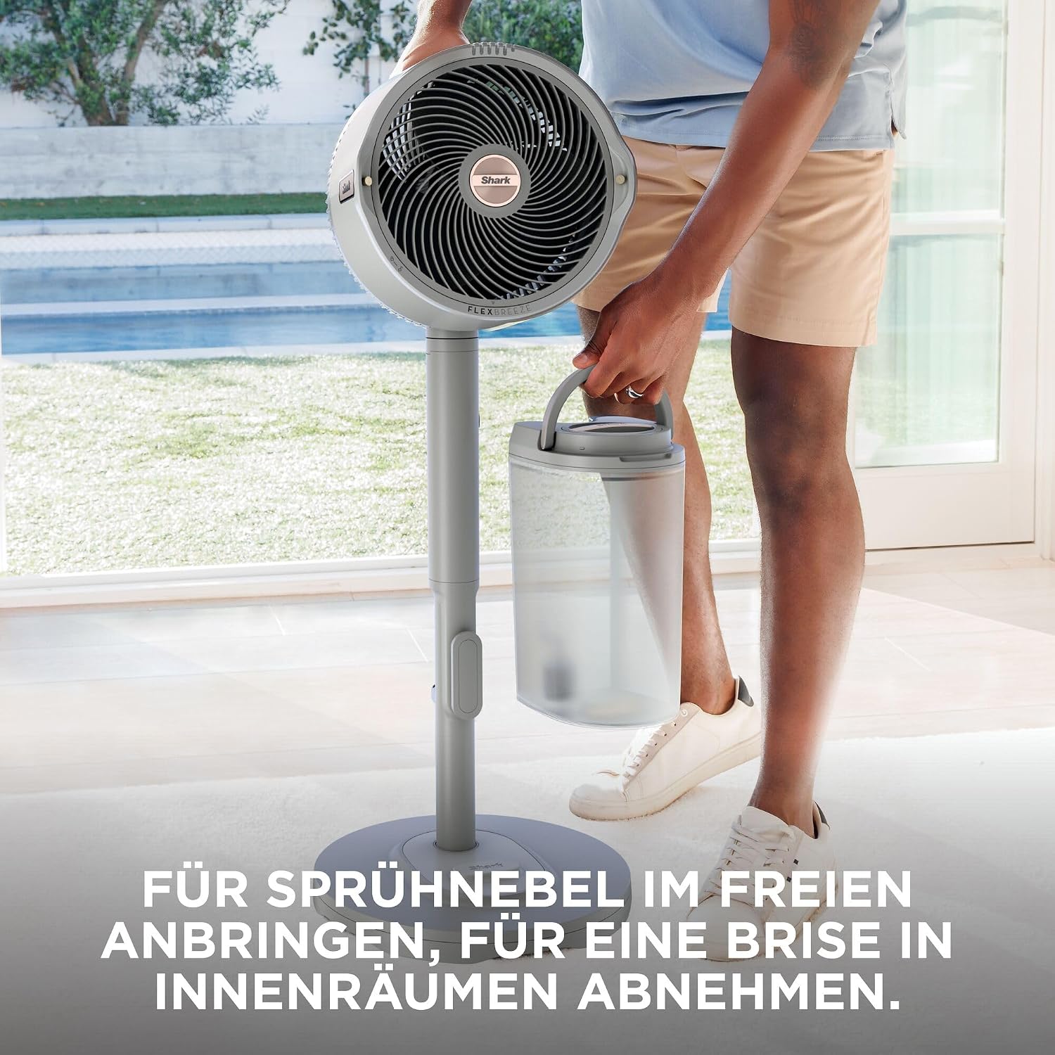 Shark FlexBreeze Pro Mist Akku-Ventilator für innen und außen mit Sprühsystem, tragbarer Sprühtank, 20 m, Stand- & Tischventilator, 5 Geschwindigkeitsstufen, leise, Fernbedienung, Dove FA300WHEU