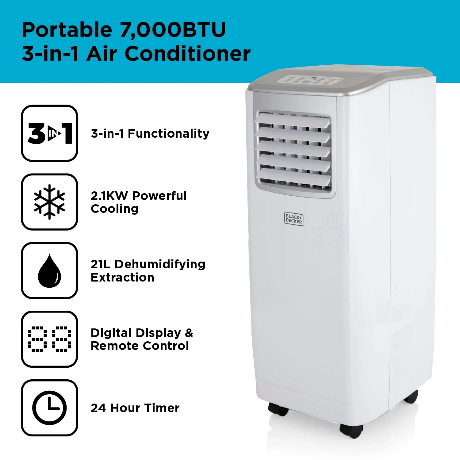 2025 Aire Acondicionado Móvil 3 en 1 Black+Decker BXAC40005GB 7000 BTU Blanco