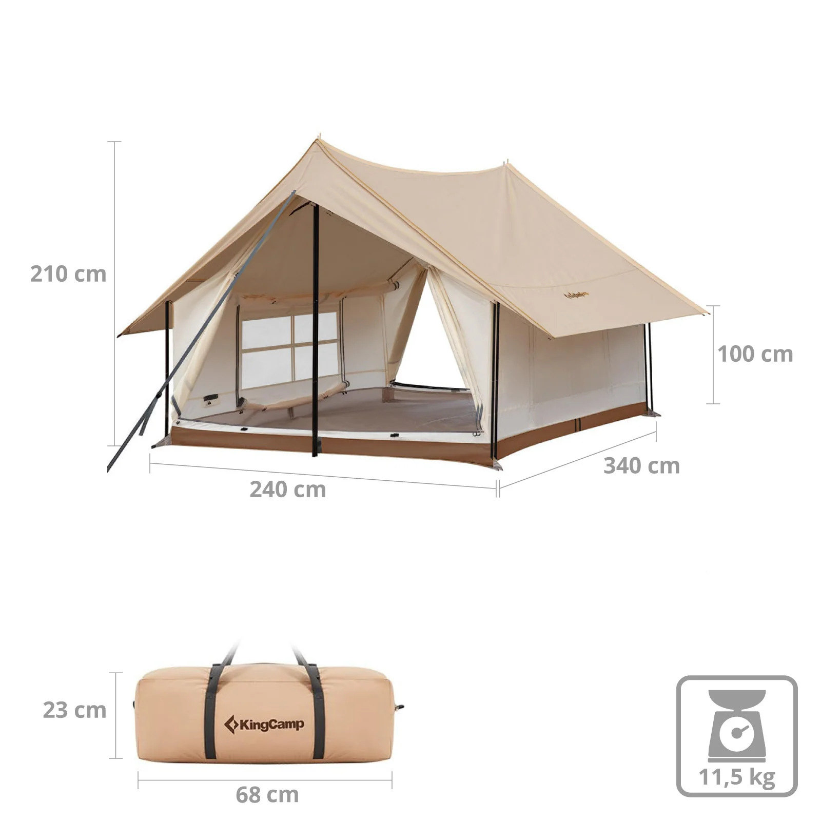2025 KingCamp Pinehouse II – Tienda híbrida espaciosa para 4 personas, ventilación flexible y tejido técnico de mezcla de algodón