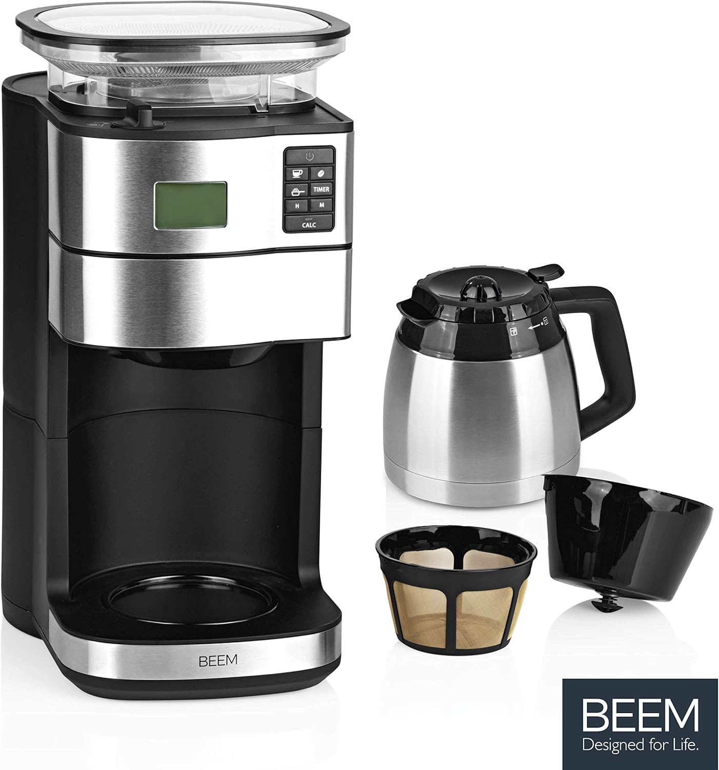BEEM FRESH-AROMA-PERFECT II Filterkaffeemaschine mit Mahlwerk - Thermo | Edelstahl | Thermokanne | 24h-Timer | 1000 W | 180 g Bohnenbehälter