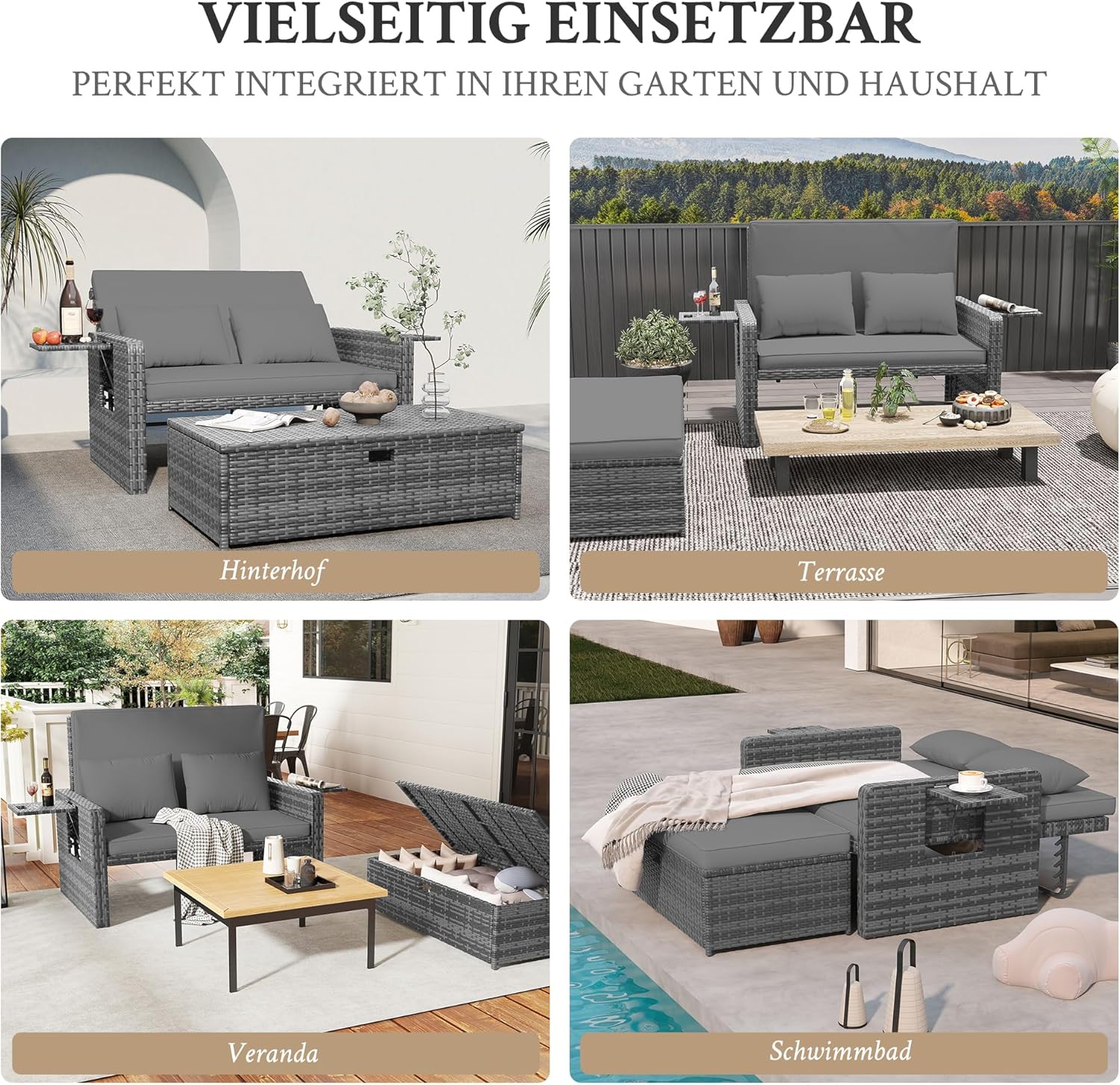 Amopatio Rattan Gartenlounge Outdoor Set, 2-Sitzer Gartensofa mit Verstellbarer Rückenlehne und Stauraum, Wetterfestes Lounge Möbel für Balkon und Terrasse, mit Hocker und Kissen, Grey