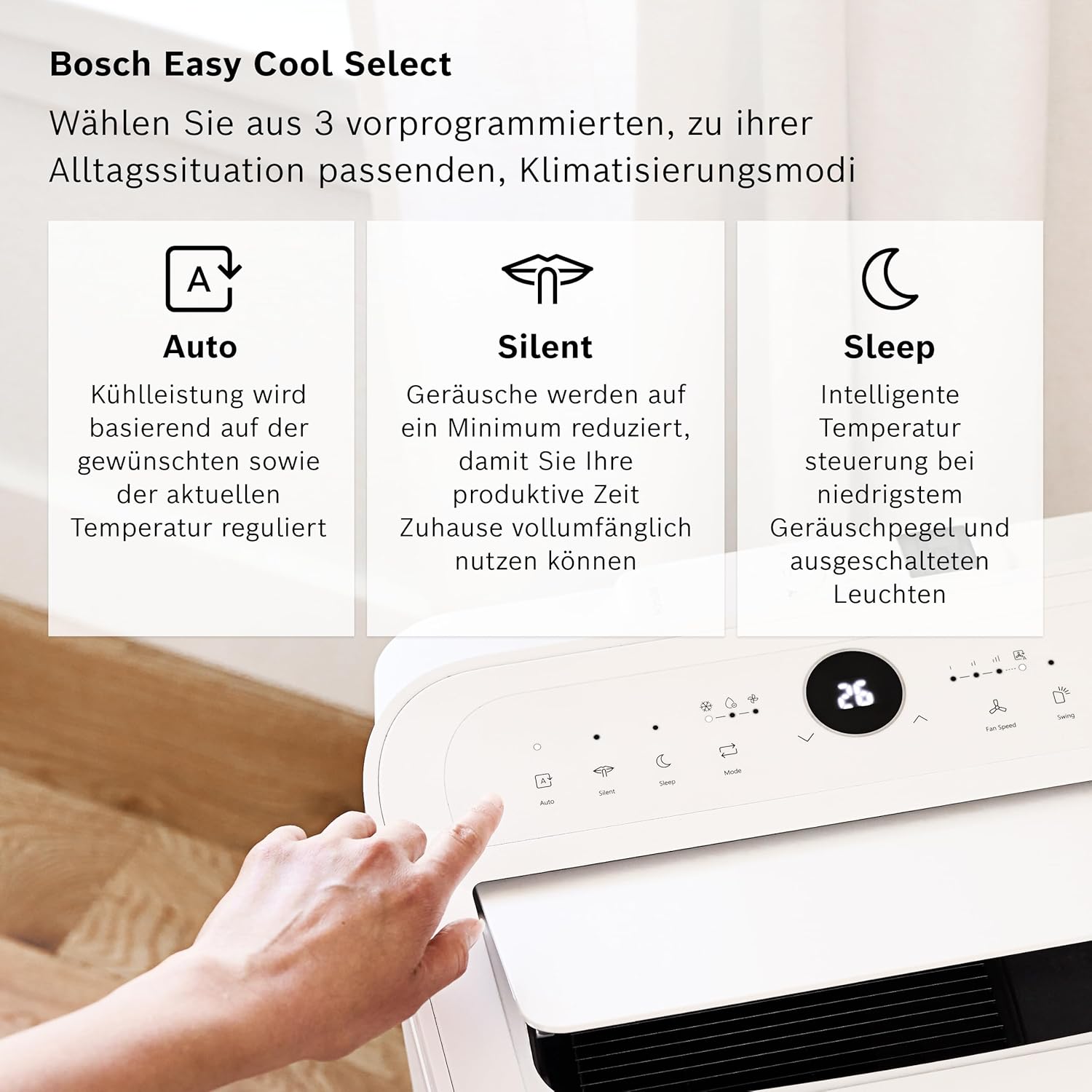 Bosch Cool 4000 Mobiles Klimagerät - 3-in-1: Klimagerät, Luftentfeuchter, Ventilator - 2,6 kW für Räume bis zu 35m² - Mit Auto-Modus, Silent-Modus & Sleep-Modus