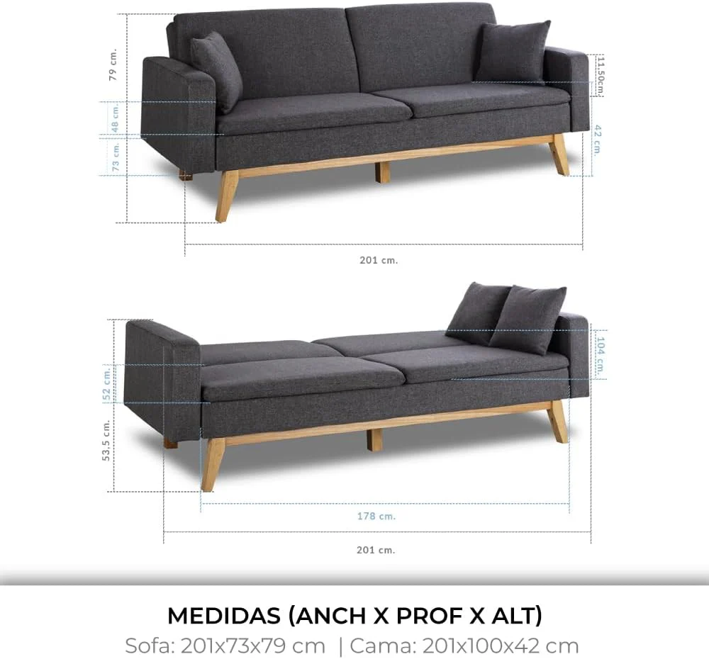 Don Descanso, Sofá Cama 3 plazas Reine, Tapizado en Tela, Sistema Apertura de Libro o Clic-clac, Medida sofá: 201x73x79 cm, Medida Cama: 201x99x42 cm, Incluye 2 Cojines, Gris Marengo