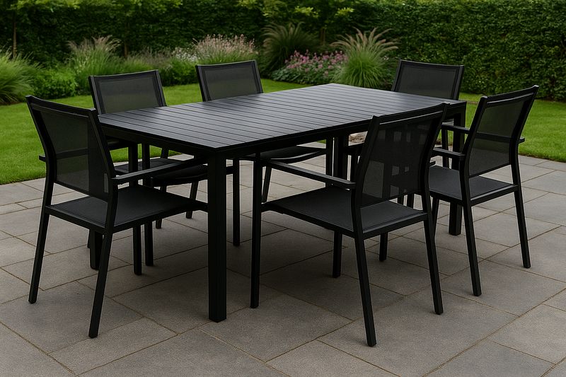 Conjunto de Comedor Exterior 7 Piezas Aluminio Negro Mesa 150x90x72 cm Sillas Rejilla