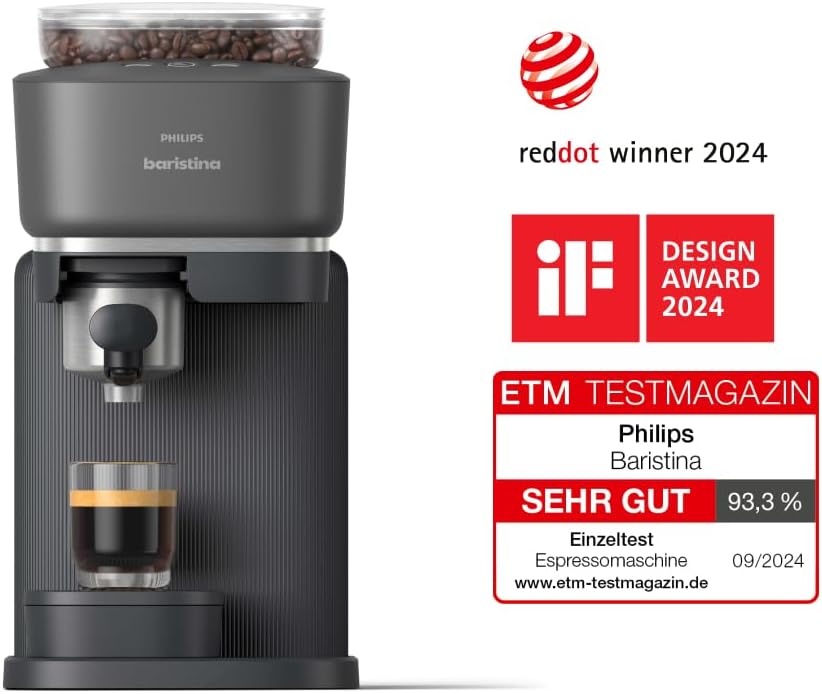 Philips Baristina Espressomaschine - Real Espresso- made simple. Kompakte Kaffeemaschine- Naturweiß mit weißem Siebträger- 16-bar-Pumpendruck- automatisches Mahlwerk- Cafe Crema (BAR300/00)