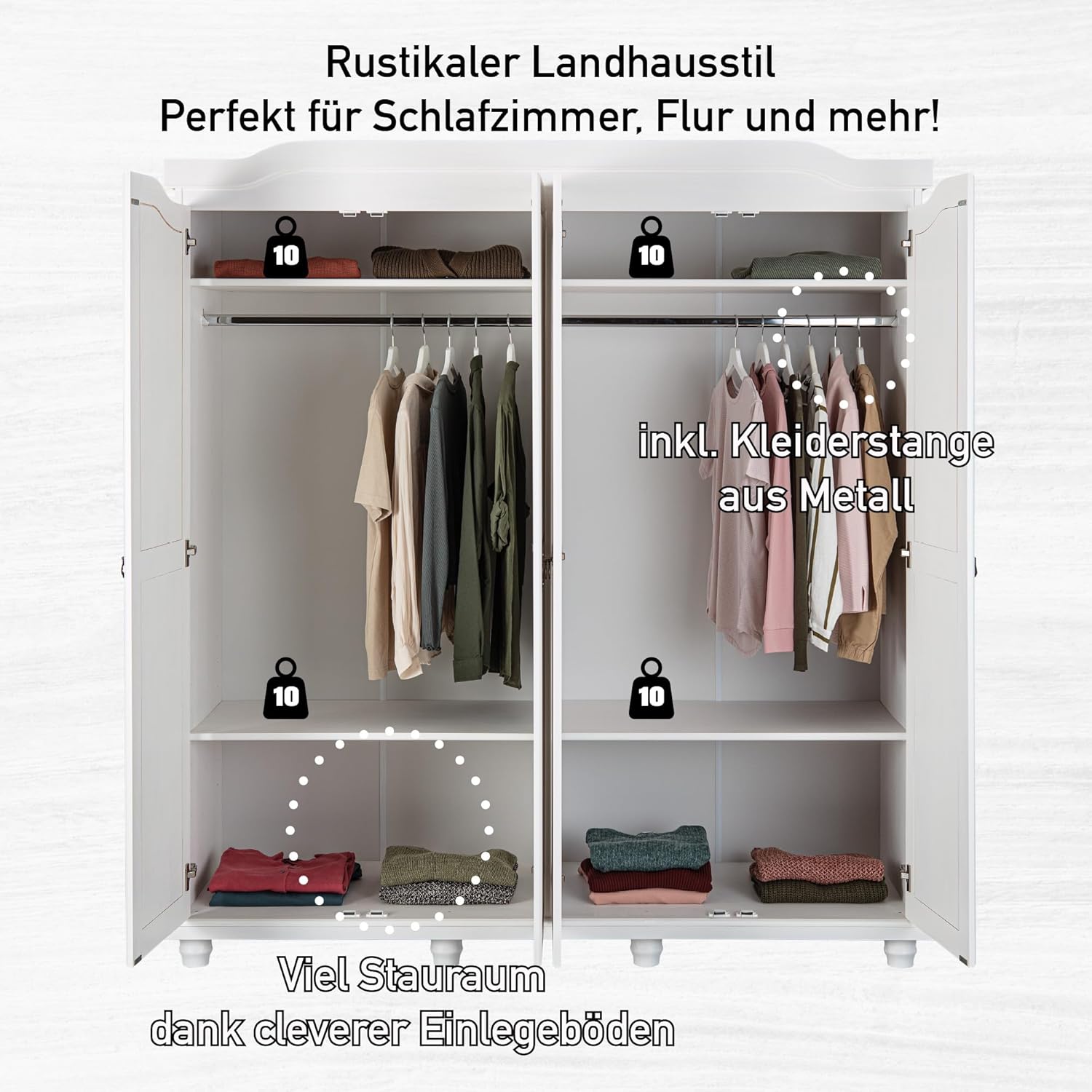 Inter Link - Large Functional Wardrobe - 4 Doors - 4 Holes - 2 Cabinets - Solid Pine Wardrobe - White Varnish - Width: 183 cm Depth: 60 cm Height: 198 cm - Isny