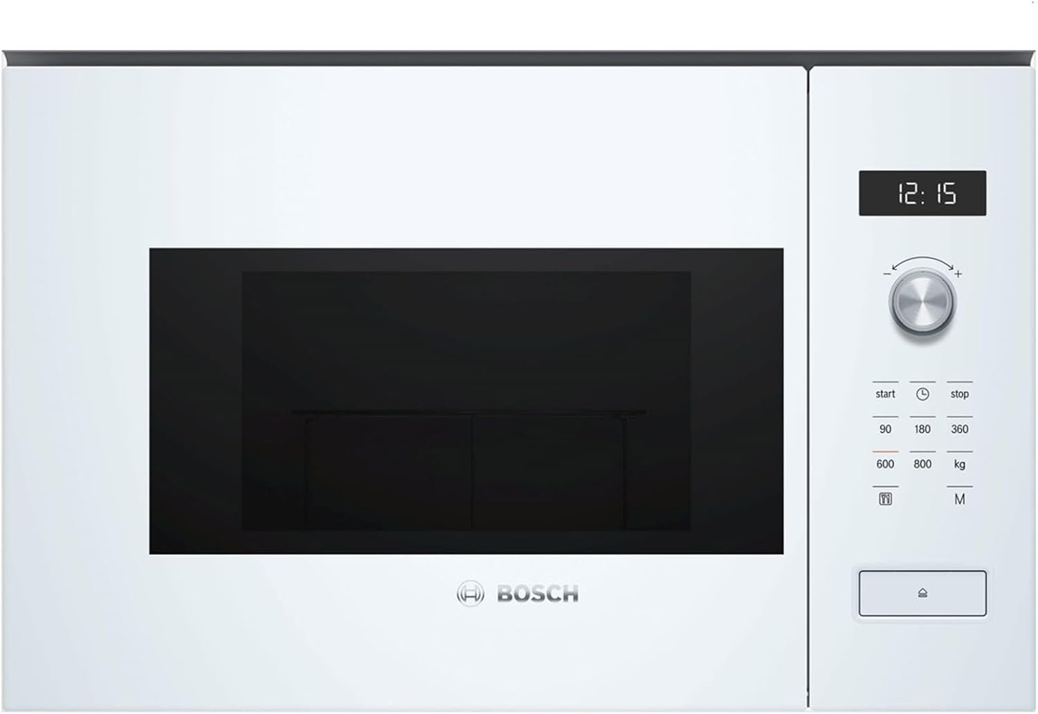 Bosch BFL524MW0 Serie 6 Einbau-Mikrowelle, 38 x 60 cm, 800 W, Drehteller 25,5 cm, Türanschlag Links, AutoPilot 7 7 Automatikprogramme, Reinigungsunterstützung, LED-Touchdisplay, Weiß