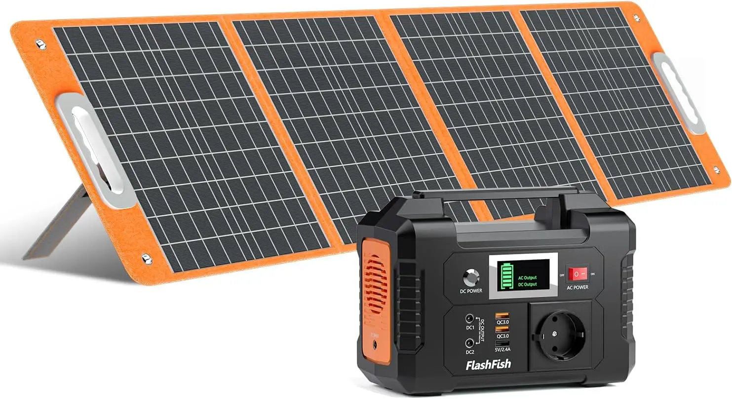 Generador FF FLASHFISH FlashFish 151Wh Estación de Energía Portátil con Panel Solar de 100 W,Generador Solar 200 W,Batería de Emergencia Salida, negro