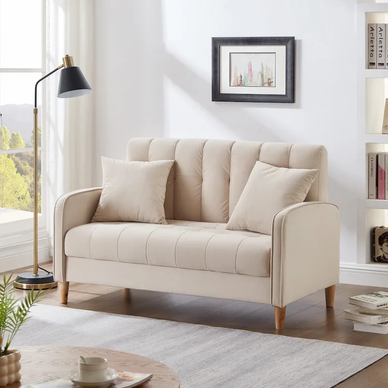 Contemporary Velvet Tufted Loveseat for Small Living Spaces - Beige Upholstered Sofa