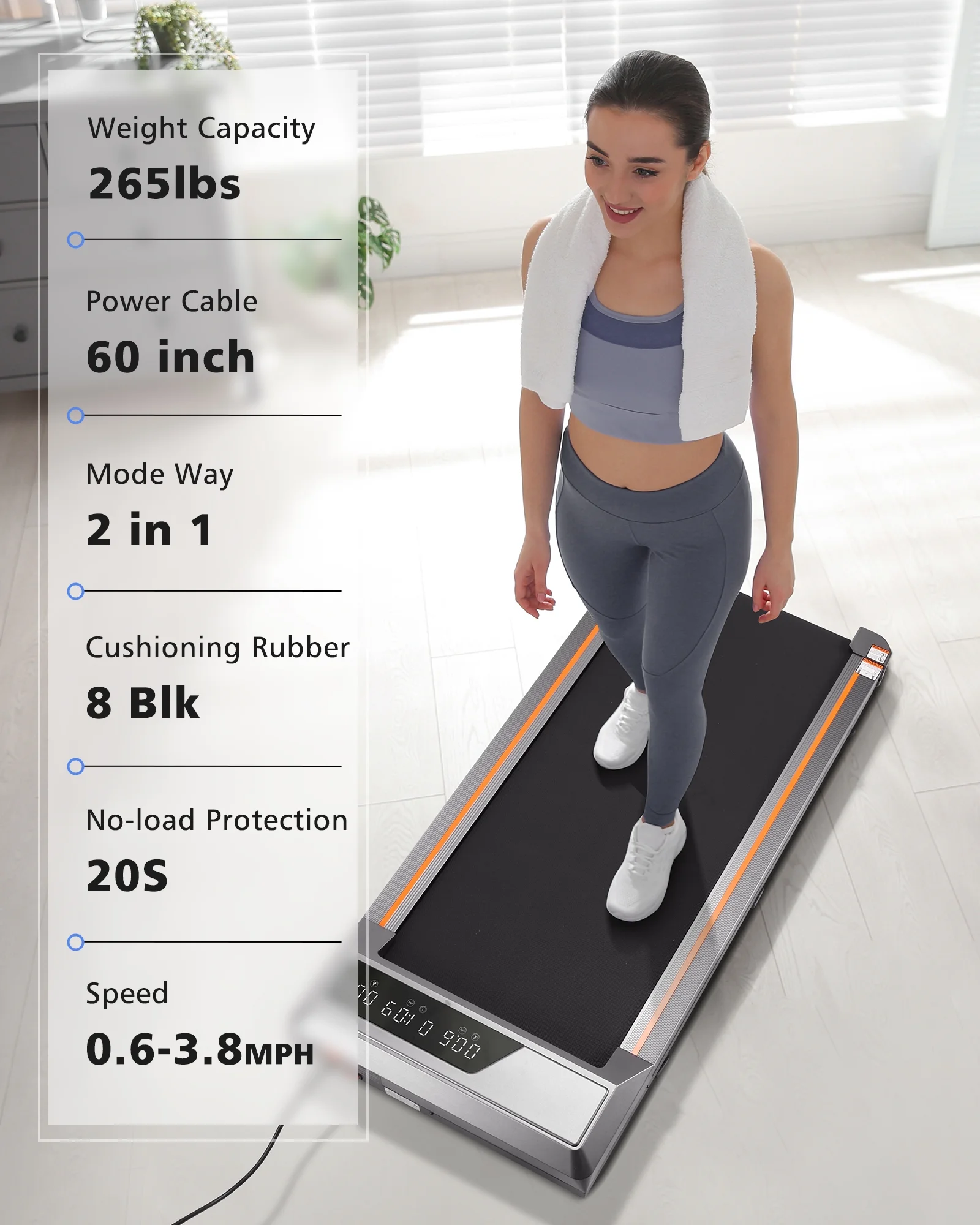 Cinta de correr Naipo 2,5 CV para uso doméstico con pantalla LCD, ruedas de transporte y capacidad máxima de 120 kg.