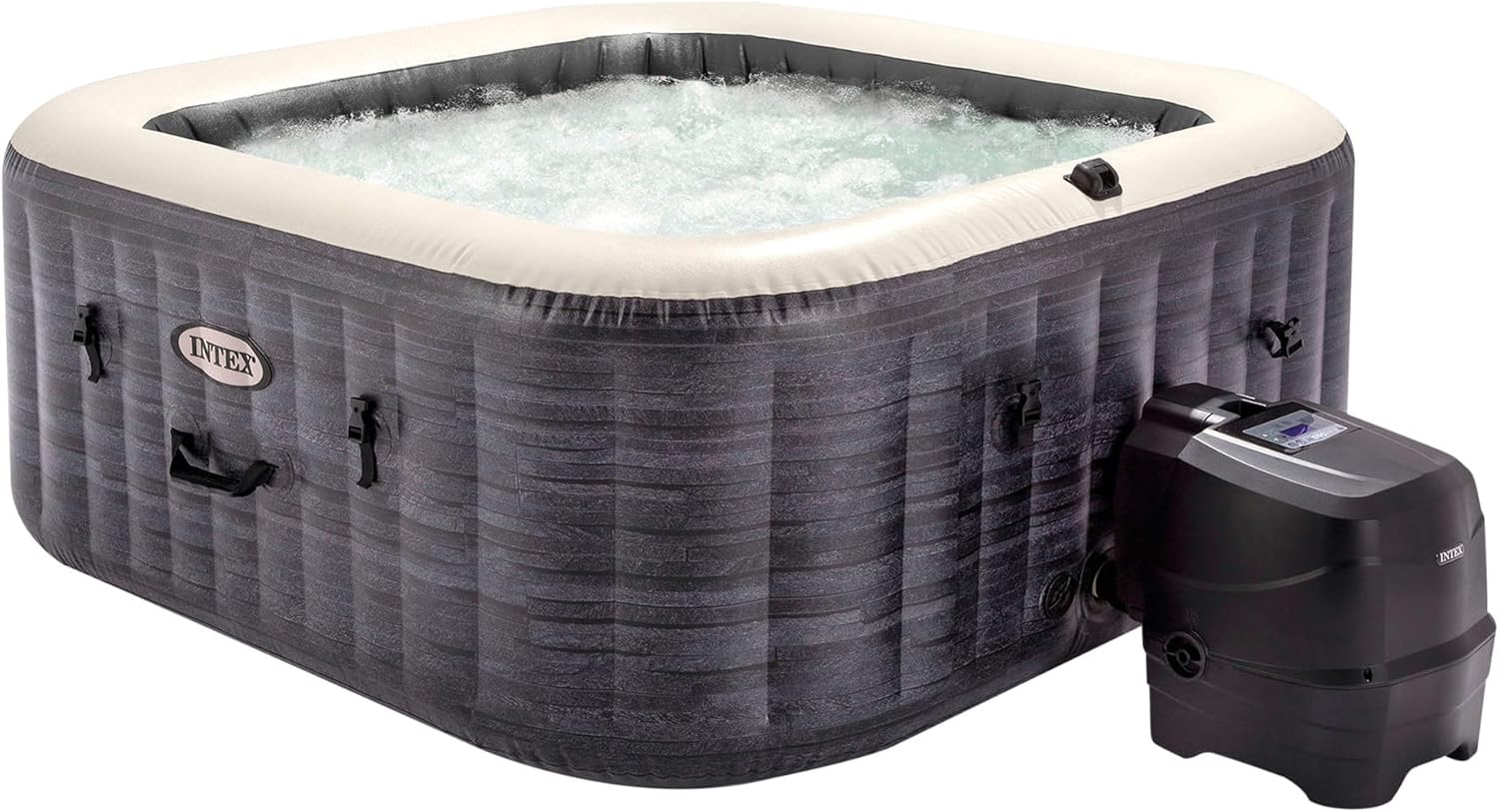 INTEX PureSpa Greywood Deluxe In- & Outdoor Whirlpool aufblasbar für 4 Personen 795 L (145 x 71cm) Inkl. Wasserenthärtungs- & Salzwassersystem - 140 Massagedüsen - Heizsystem - APP Steuerung & LED