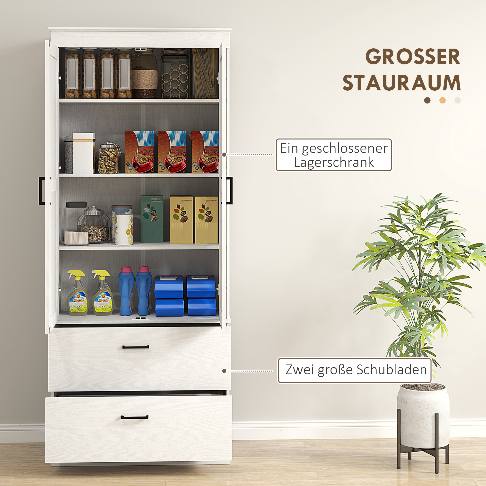 Vrijstaande Keukenkast met Verstelbare Schappen en Twee Brede Laden voor Woonkamer, Keuken, Wit