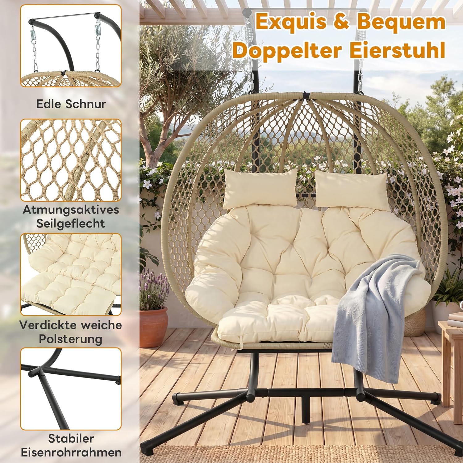 Doppelschaukelstuhl Ei-Form | Hängesessel mit Ständer, Fußauflage & Kissen | Gartenhängstuhl für Indoor & Outdoor | Belastbar bis 150kg (Beige)