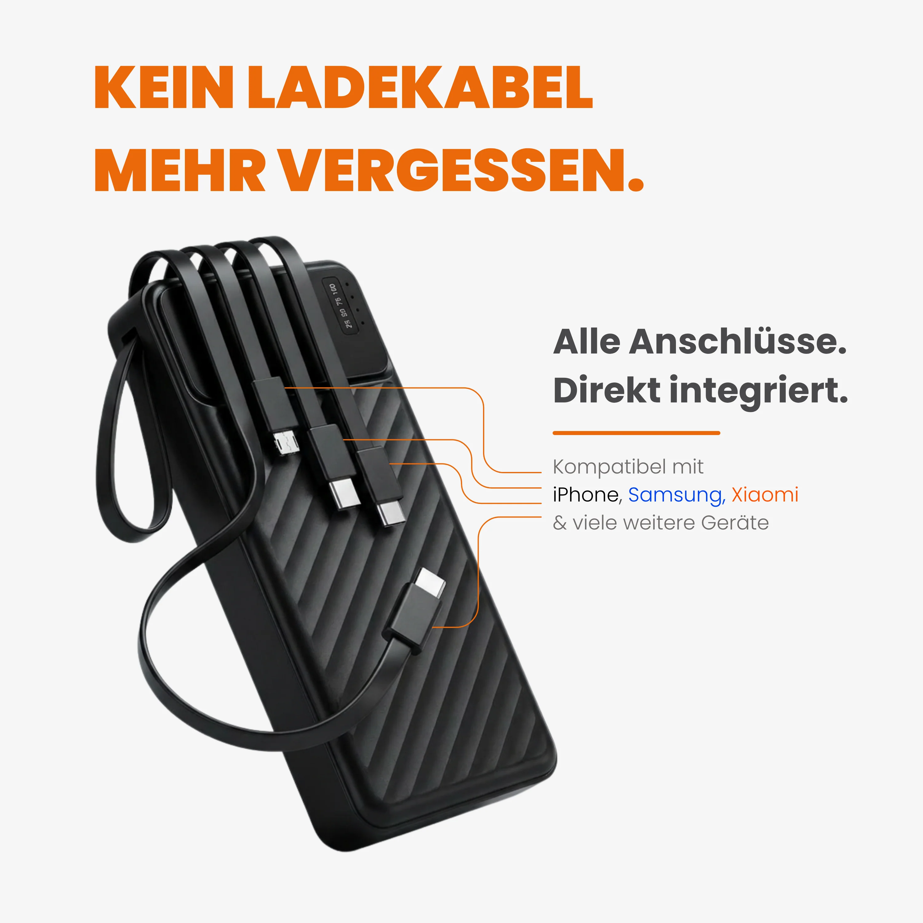 Powerbank 20.000 mAh mit integriertem USB-C-, USB-A & Lightning-Kabel Externer Akku mit Schnellladefunktion