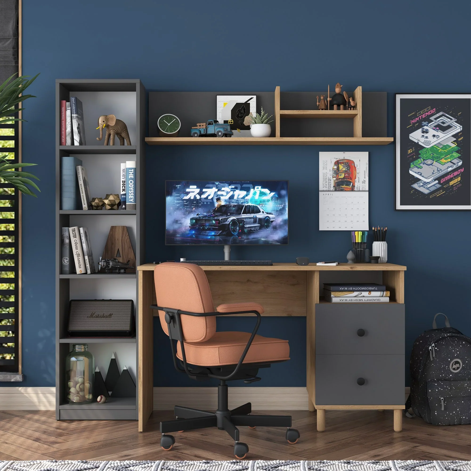 Composizione studio moderna con scrivania libreria e mensola antracite e naturale