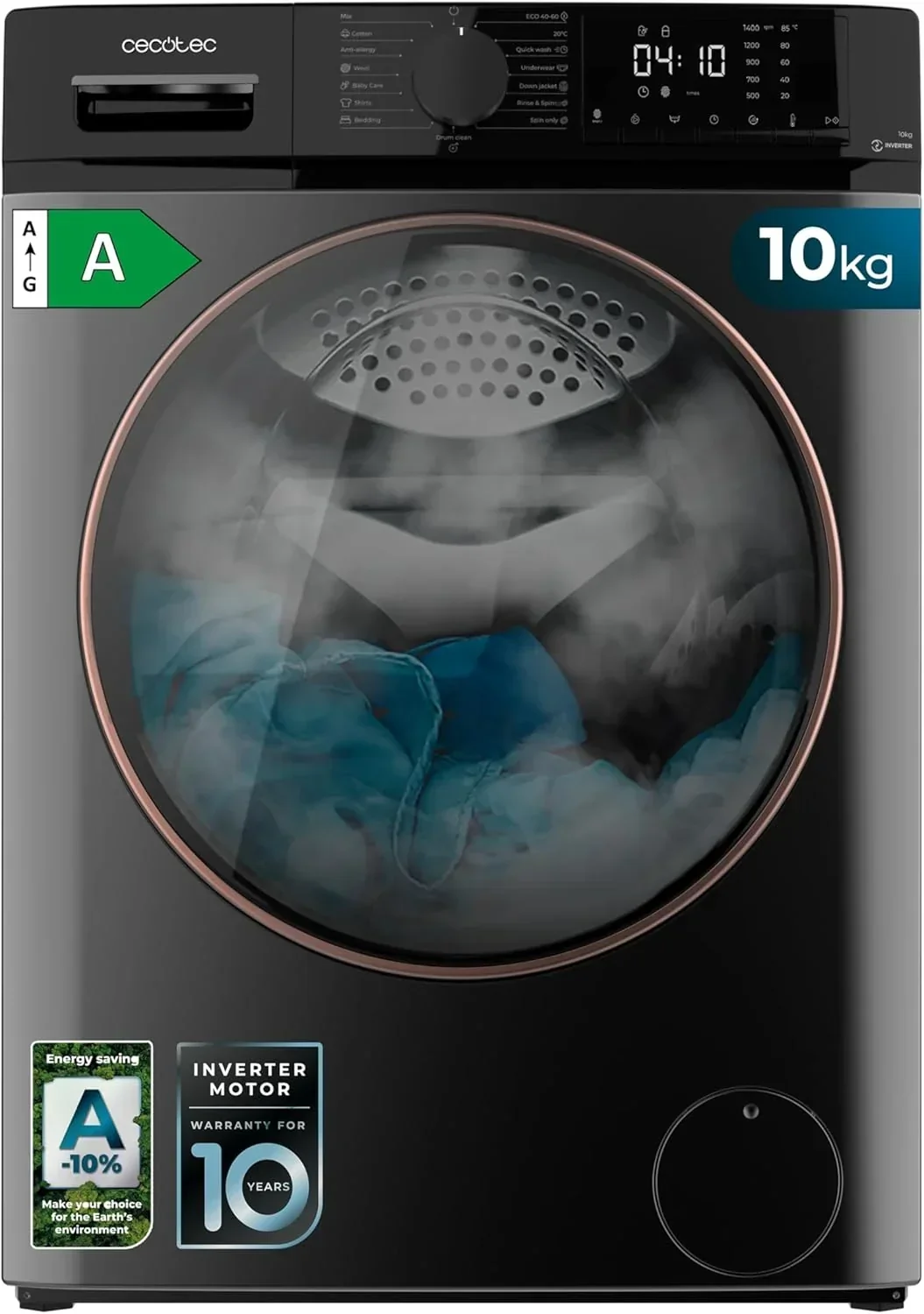2026 Cecotec Lavadora 10Kg Carga Frontal Bolero DressCode 10610 Inverter Steel A. 1400 RPM, Steam Max, Motor Inverter Plus, 15 Programas, OnSmart, Smooth Wash, Stop&Go, Goma Antibacteriana, Drum Clean