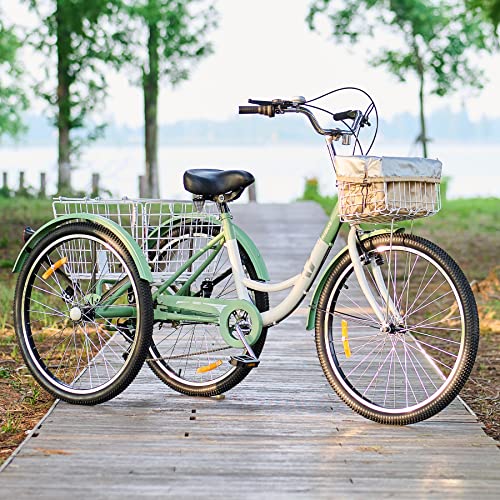 Viribus Adult Tricycle 7-Speed, 24��� Wheels, High Carbon Steel Frame, Front & Rear Baskets, Adjustable Saddle
