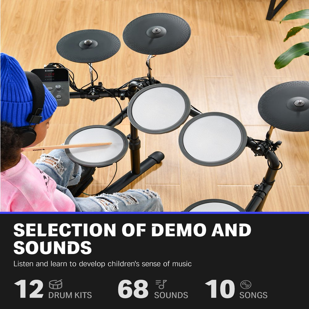 Donner DED-70 Kids Electric Drum Set, 68+ Sounds, Quiet Mesh Pads, Portable, Includes Sticks & Headphones