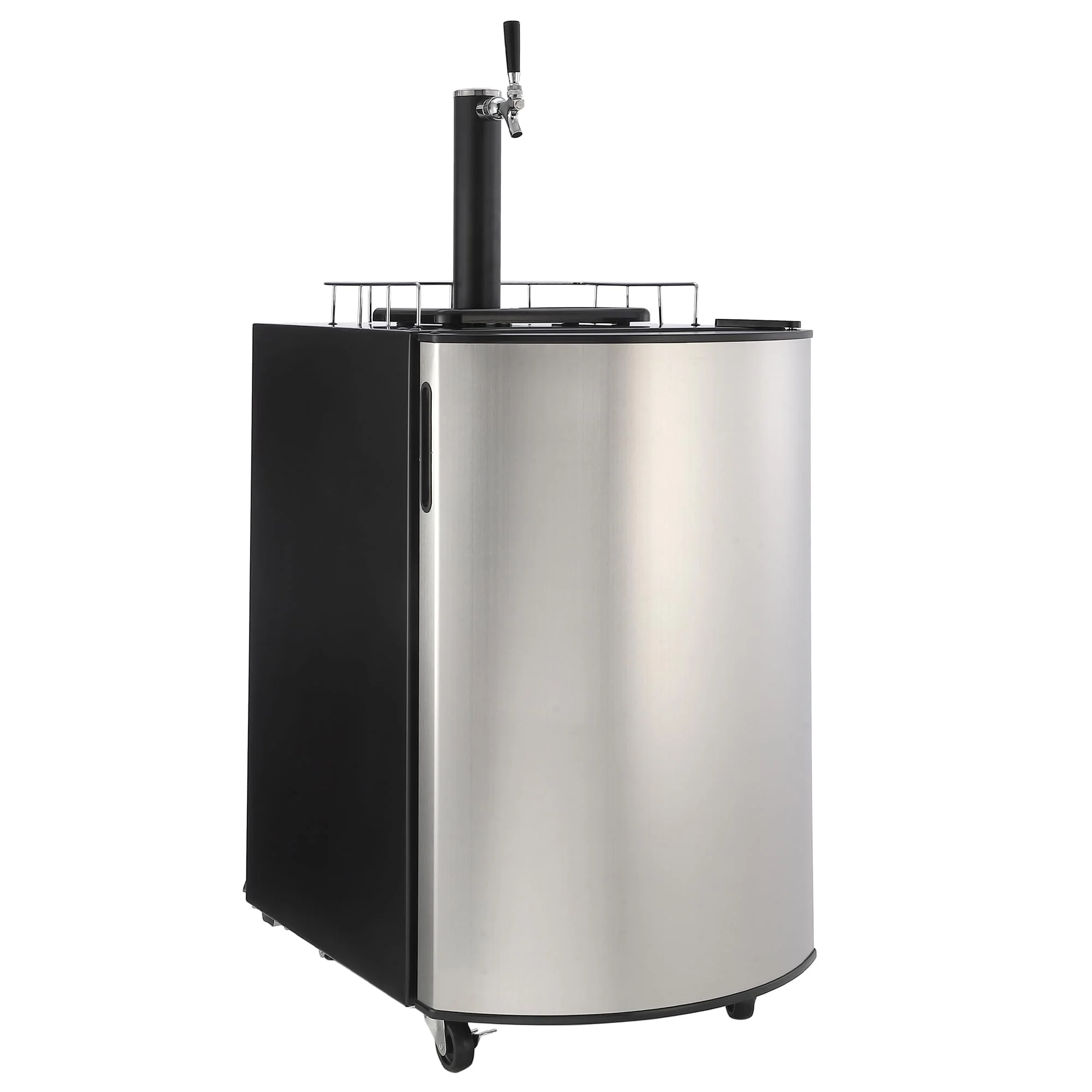 2026 Nuevo dispensador de cerveza de barril con un solo grifo refrigerador para barriles tamaño completo con estantes acero inoxidable bandeja de goteo y barandilla color plateado
