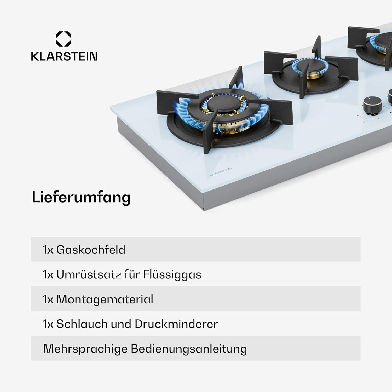 Klarstein Gasherd, Gaskochfeld 5 Flammen, Einbau-Gaskocher für Zuhause & Wohnmobil, Campingkocher mit Glasplatte, Gasherd für Propan- und Erdgas, Edelstahl Gas-Herdplatte Wok Brenner 10400 Watt