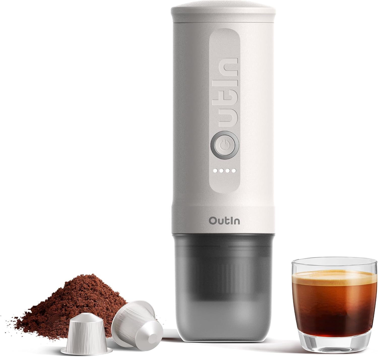 OutIn Nano Tragbare Espressomaschine mit Akku, für unterwegs oder Camping, Kaffeemaschine to go, mit elektrischer Selbsterhitzung über USB - C, 2 in 1 für gemahlenen kaffee und NS - kapseln