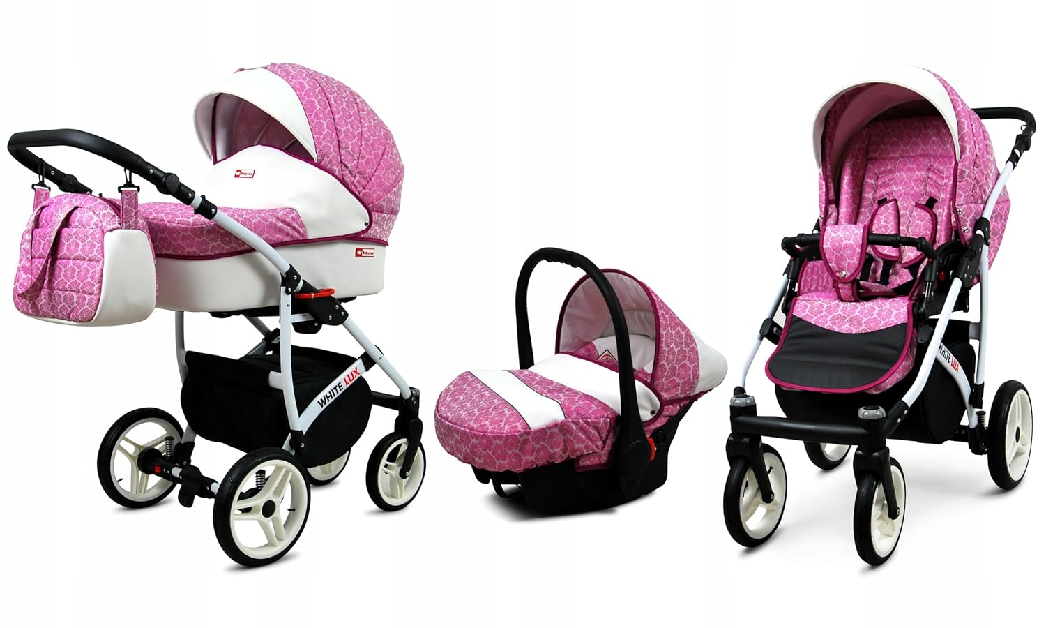 BabyLux® Bambimo Kinderwagen Set 3 in 1 - White Lux - incl. Babywanne, Buggy Sportsitz, Auto-Babyschale - Autositz - Kinderwagenset - Kombikinderwagen mit Wickeltasche, Regenschutz usw.