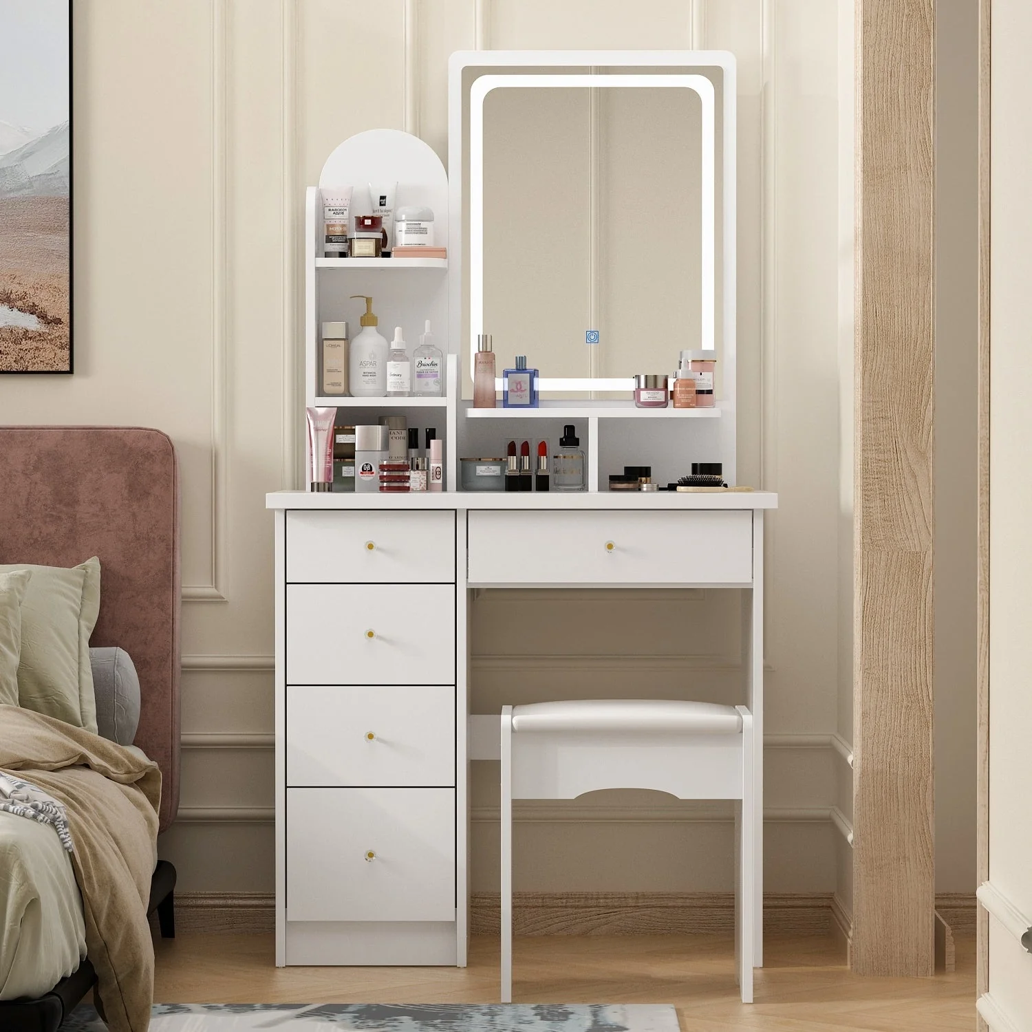 Makeup Vanity Set Table With LED Light &Mirror & Stool