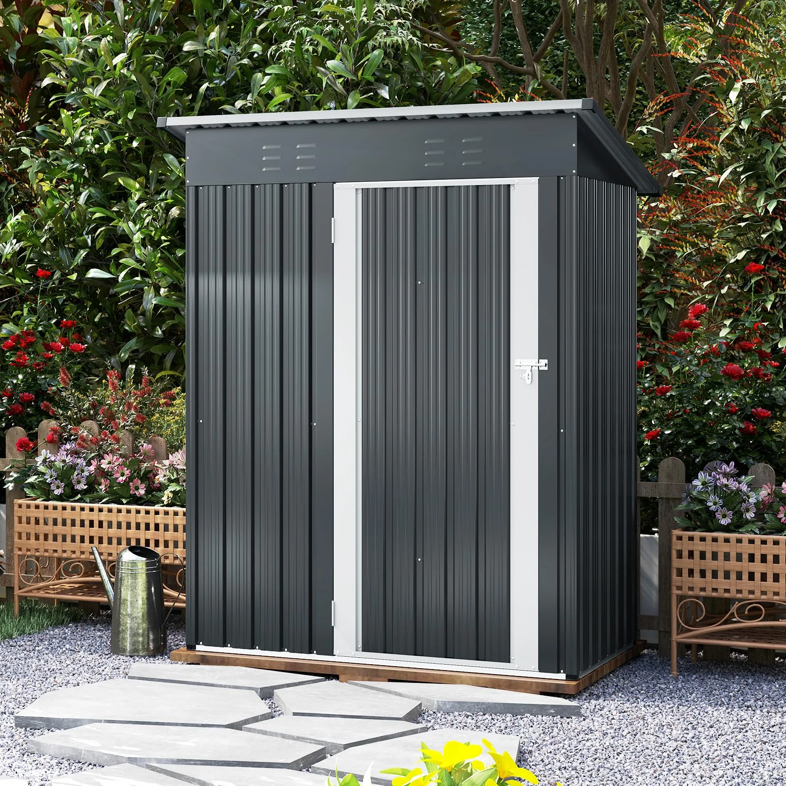 5 x 3 FT Outdoor Storage Shed, Galvanized Metal Tool House with Sloped Roof, 2 Vents, Lockable Door, Waterproof & Windproof Utility Tool Organizer