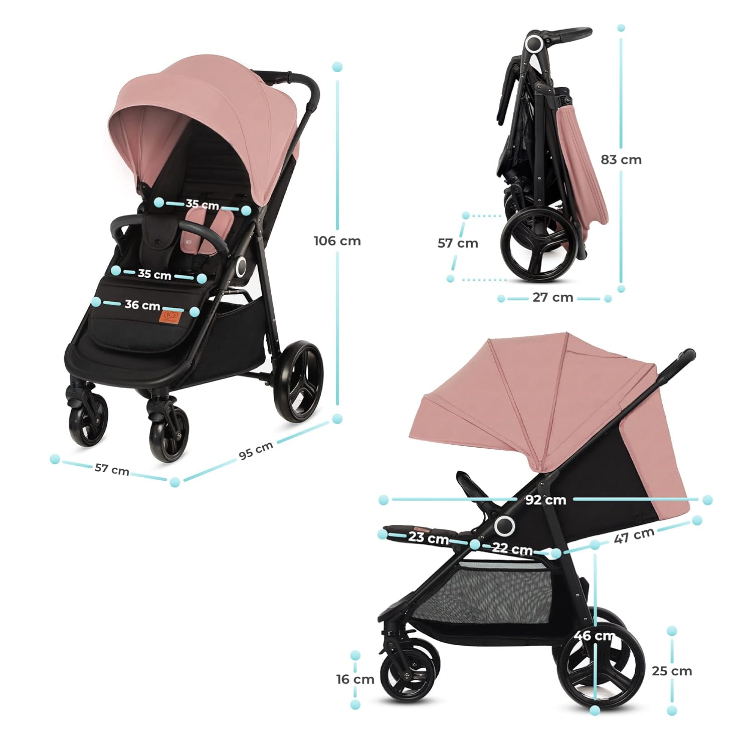 Kinderkraft GRANDE PLUS Kinderkraft buggy von Geburt bis 22 kg, Zusammenklappen mit einer Hand, Liegeposition, großes Verdeck mit Fenster, alle 4 Räder gedämpft, geräumige Sitz, Grau