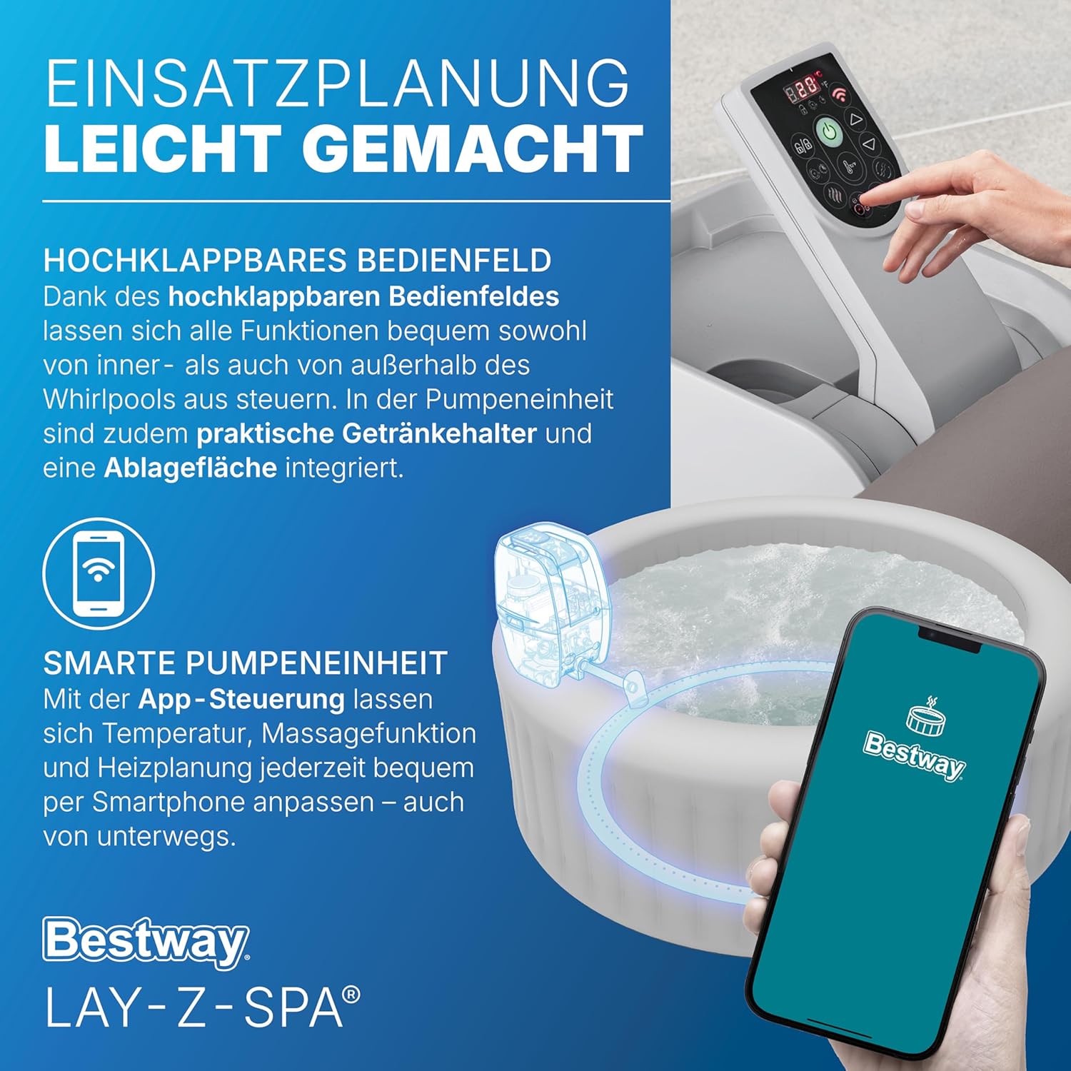 Bestway Lay-Z-SPA Whirlpool Dominica HydroJet, Ø 196 x 71 cm, 6 Personen, Heizung, Frostwächter, 4 HydroJet-Düsen, 140 AirJet-Düsen, App-Steuerung, Thermo-Abdeckung, Energieeffizient, Urbanbraun