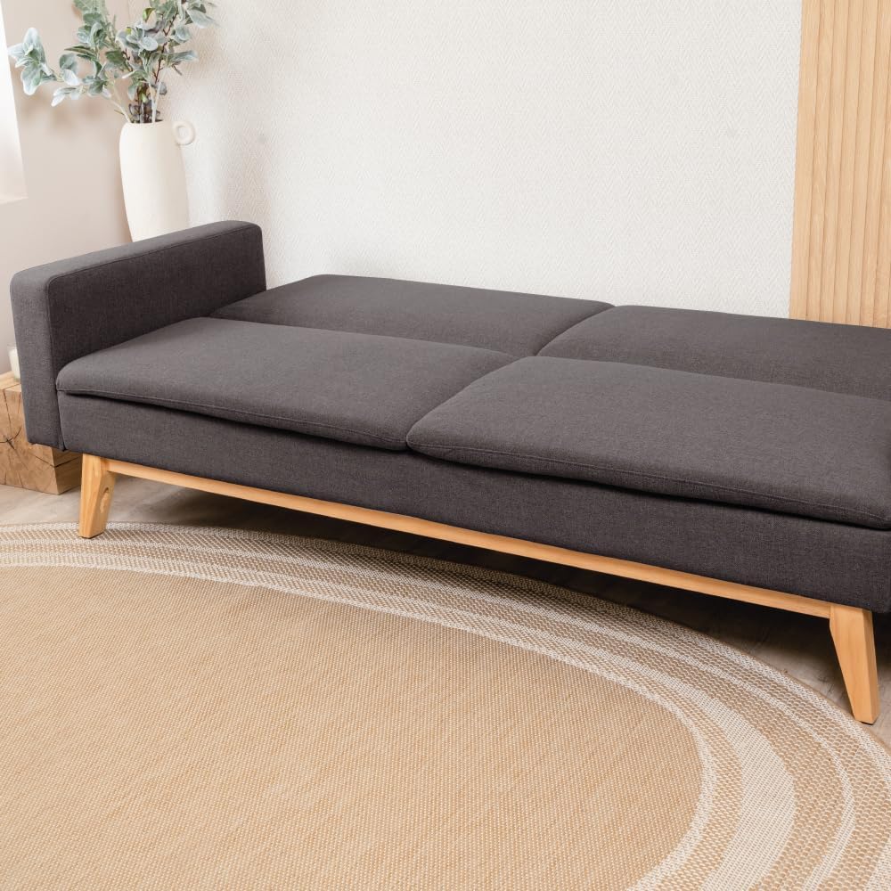 Don Descanso, Sofá Cama 3 plazas Reine, Tapizado en Tela, Sistema Apertura de Libro o Clic-clac, Medida sofá: 201x73x79 cm, Medida Cama: 201x99x42 cm, Incluye 2 Cojines, Gris Marengo