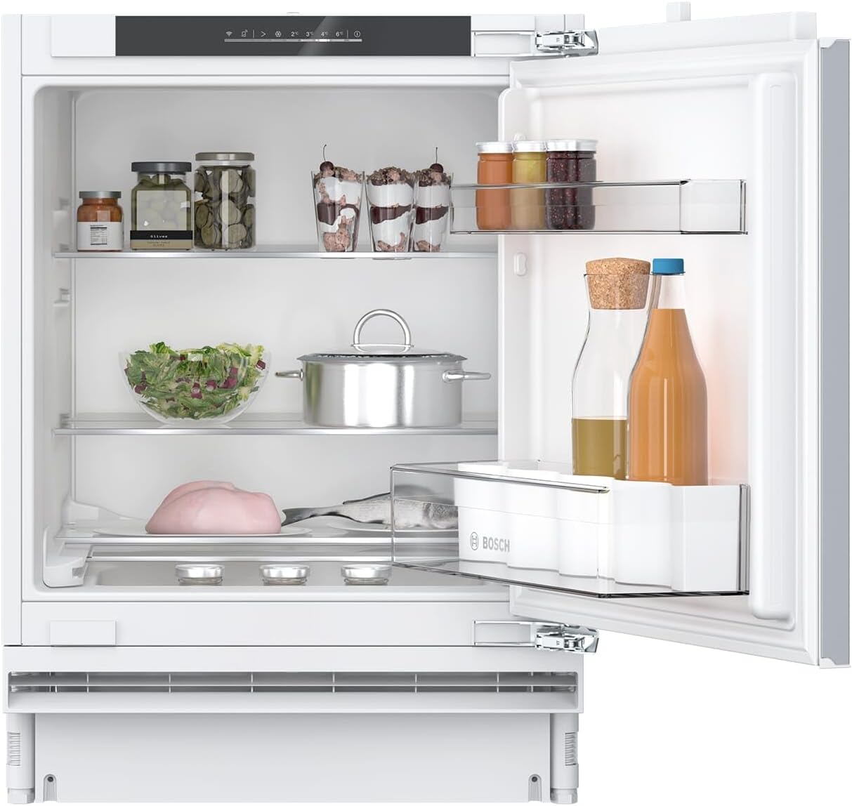 Bosch KUR21VFE0, Serie 4, Smarter Unterbau-Kühlschrank, 82 x 60 cm Nische, 134 L, Made in Germany, schnellere Kühlung auf Knopfdruck, sehr leise, Flachscharnier
