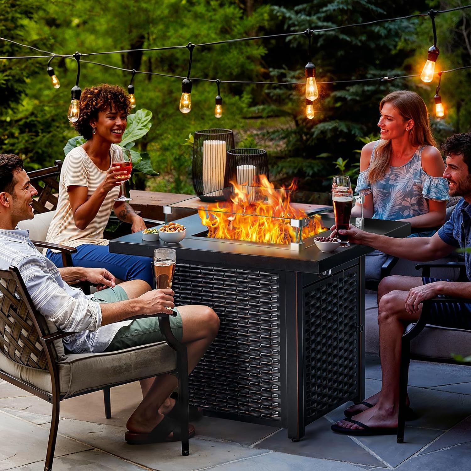 Ciays Propane Fire Pit, 28�� Outdoor Gas Fire Pit, 50,000 BTU Steel Fire Table with Glass Wind Guard, Lid & Lava Rock, Add Warmth and Ambience to Gatherings On Patio Deck Garden (2 Packages)
