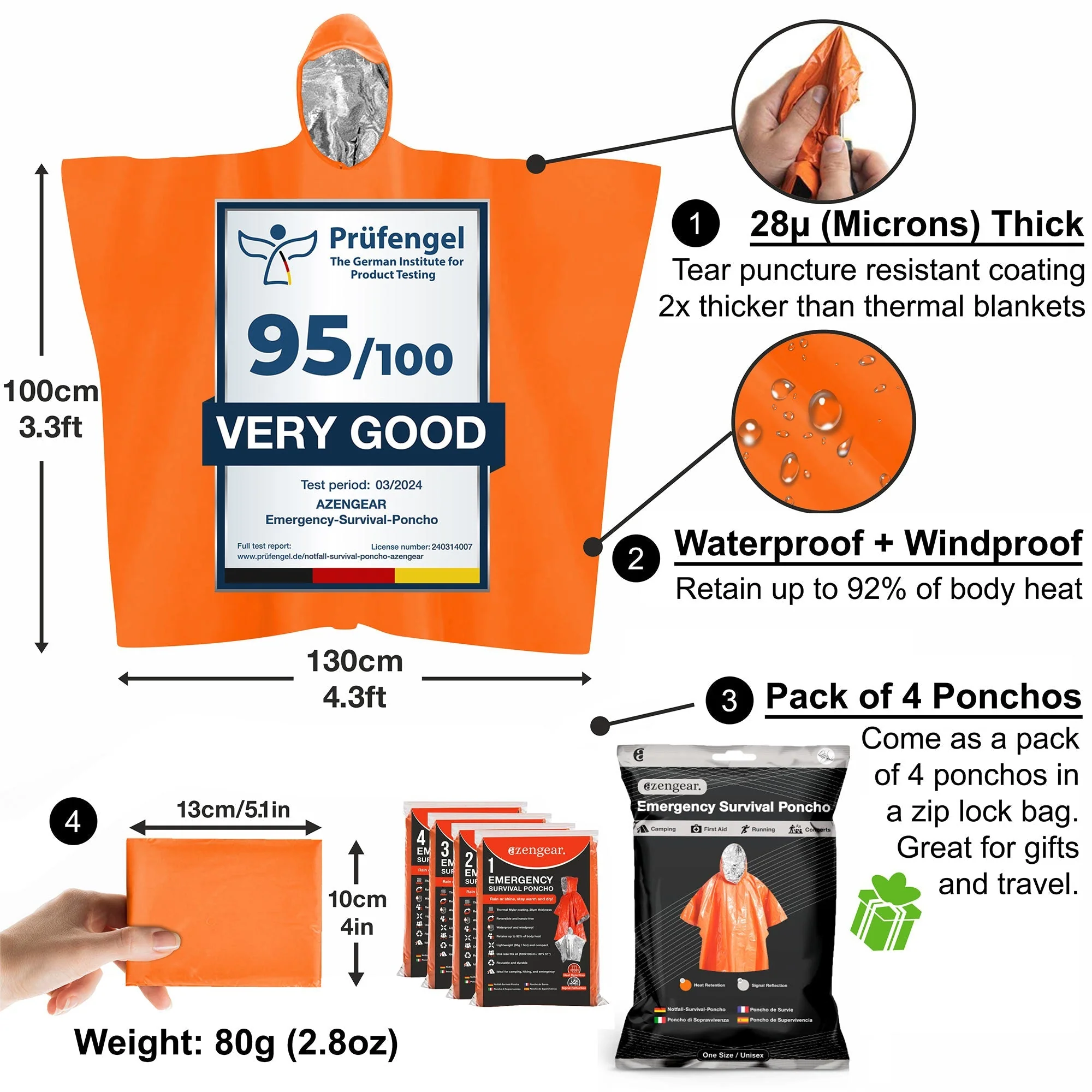 Emergency Survival Poncho (4pc) Thermal Mylar Foil Coating Blanket for Heat Retention and Rain | Reversible with Hood | Waterproof, Windproof, Portable, Hands-free, Outdoor Kit