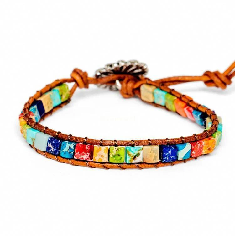 Chakra Armband - Jaspis & Leer - Edelsteen Cubes - Overtuiging