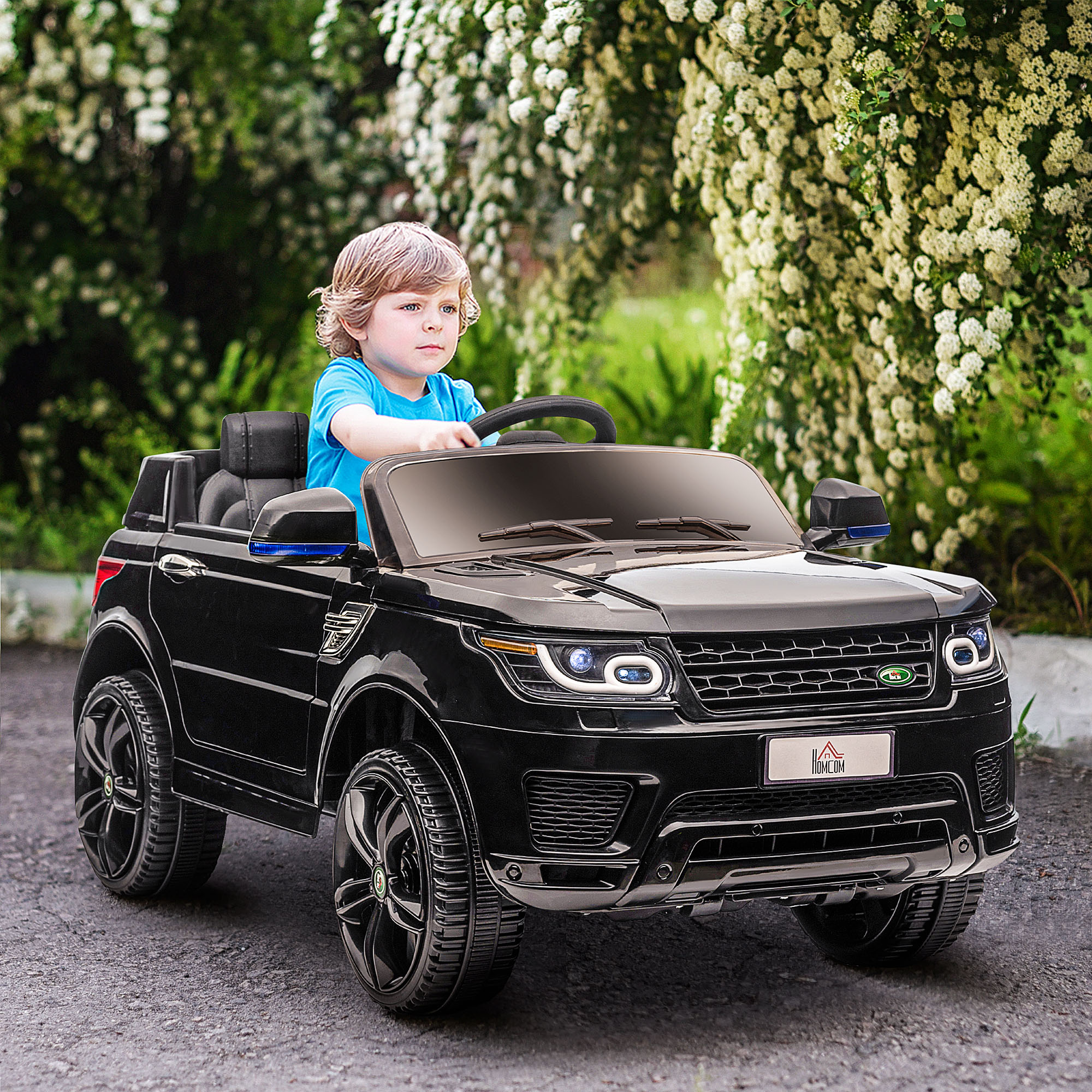 HOMCOM Kinder-Elektroauto SUV, bis 5 kmh/h, mit Sicherheitsgurt, Fernbedienung, Scheinwerfern, Musikfunktion, schwarz