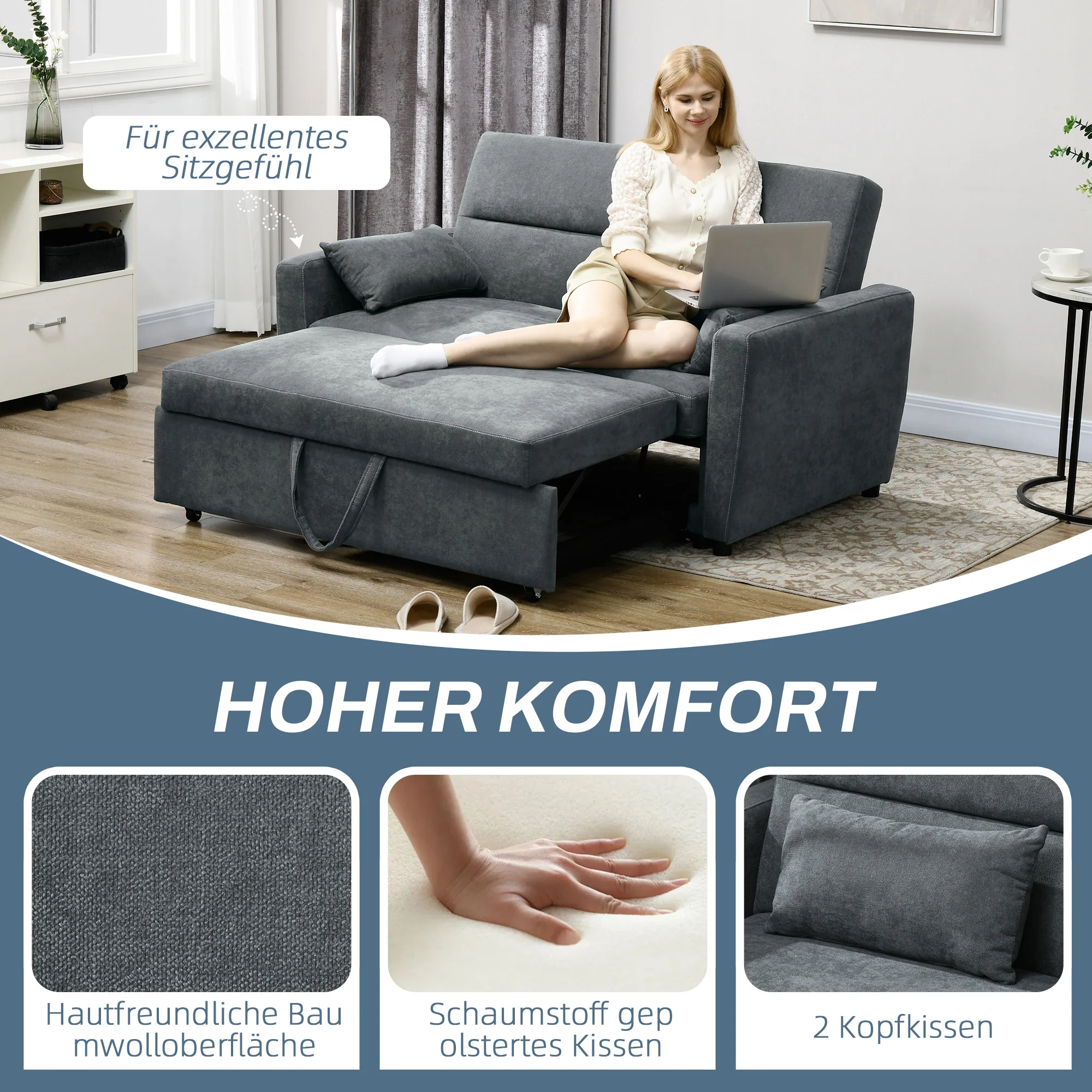 HOMCOM Uitklapbare slaapbank, 2-zits, tot 200 kg, Houten frame, 155x90x88,5cm, Donkergrijs