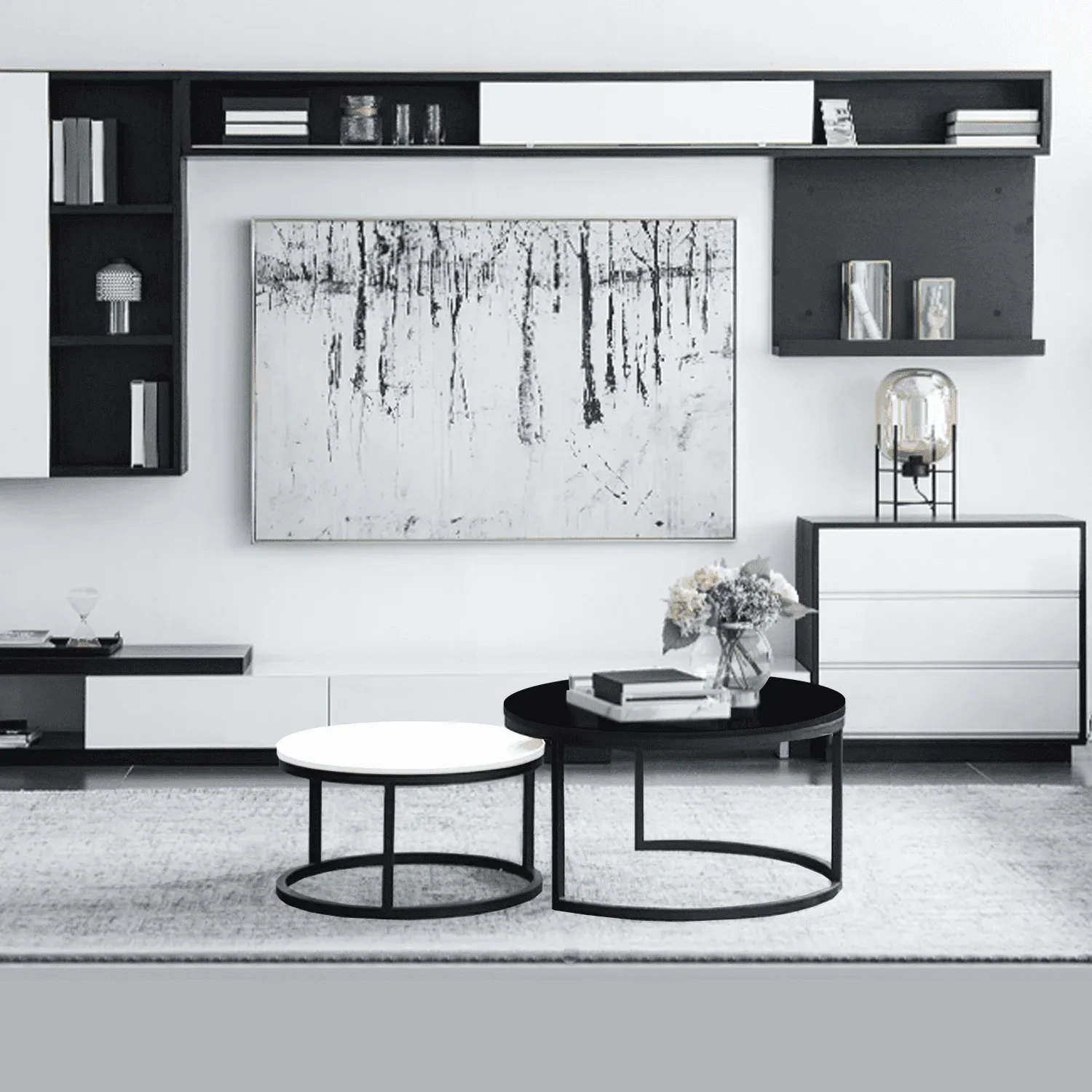 2 Round Tea Table Coffee Table Desk Sets | Black & White - Twin Sets Multi Function Wood & Steel Living Room Home Decor Polished Surface Overlapping Ending Tables Cocktail Table