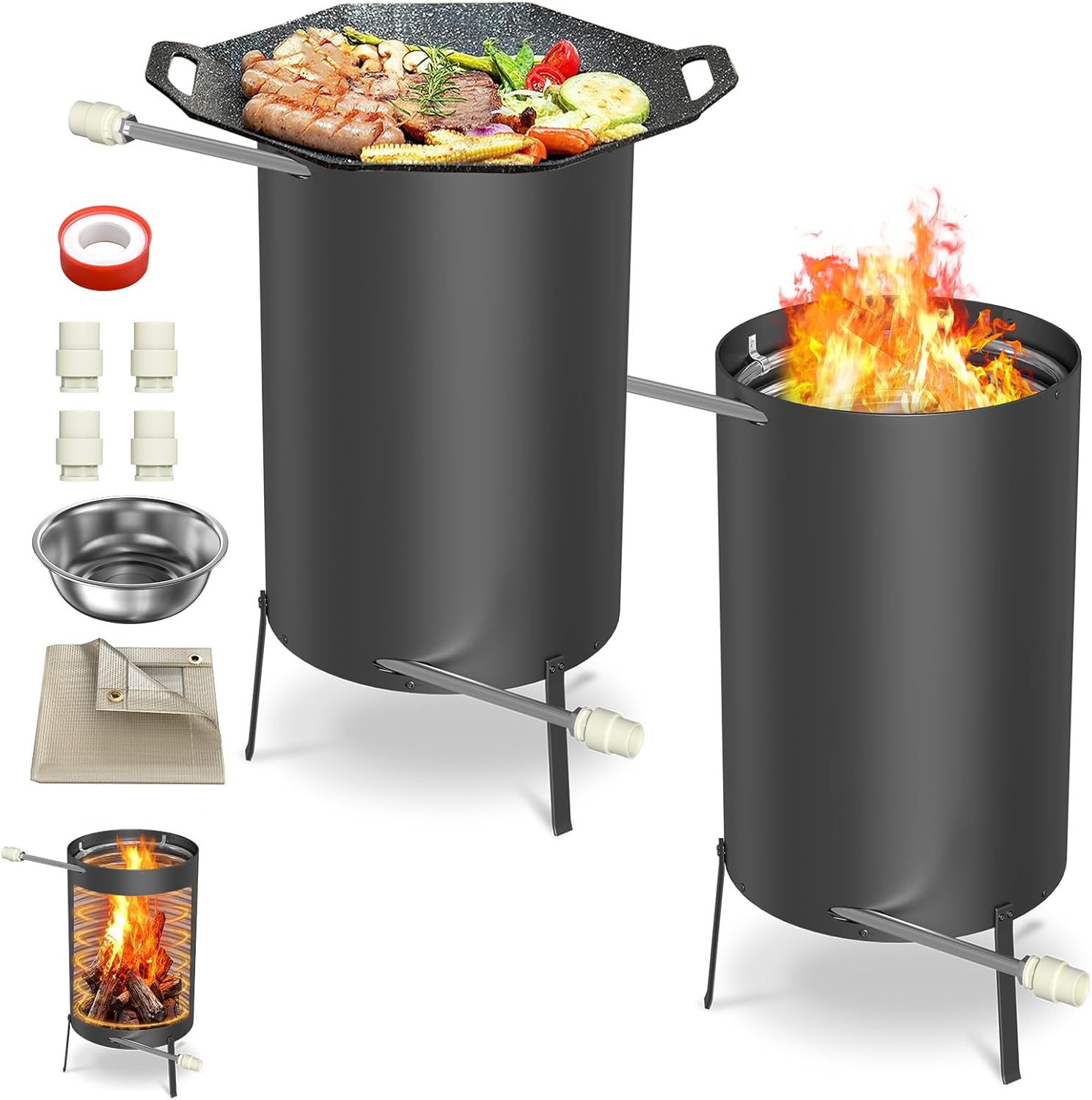 LZQ Poolheizungen mit Feuer und Heizspirale,Outdoor Poolofen, Edelstahl Schwimmbadheizung mit Ø32/38mm Anschlüsse Brennholz Pool Heizung 28L Feuertonne Holz, Schwarz, 2 Stück
