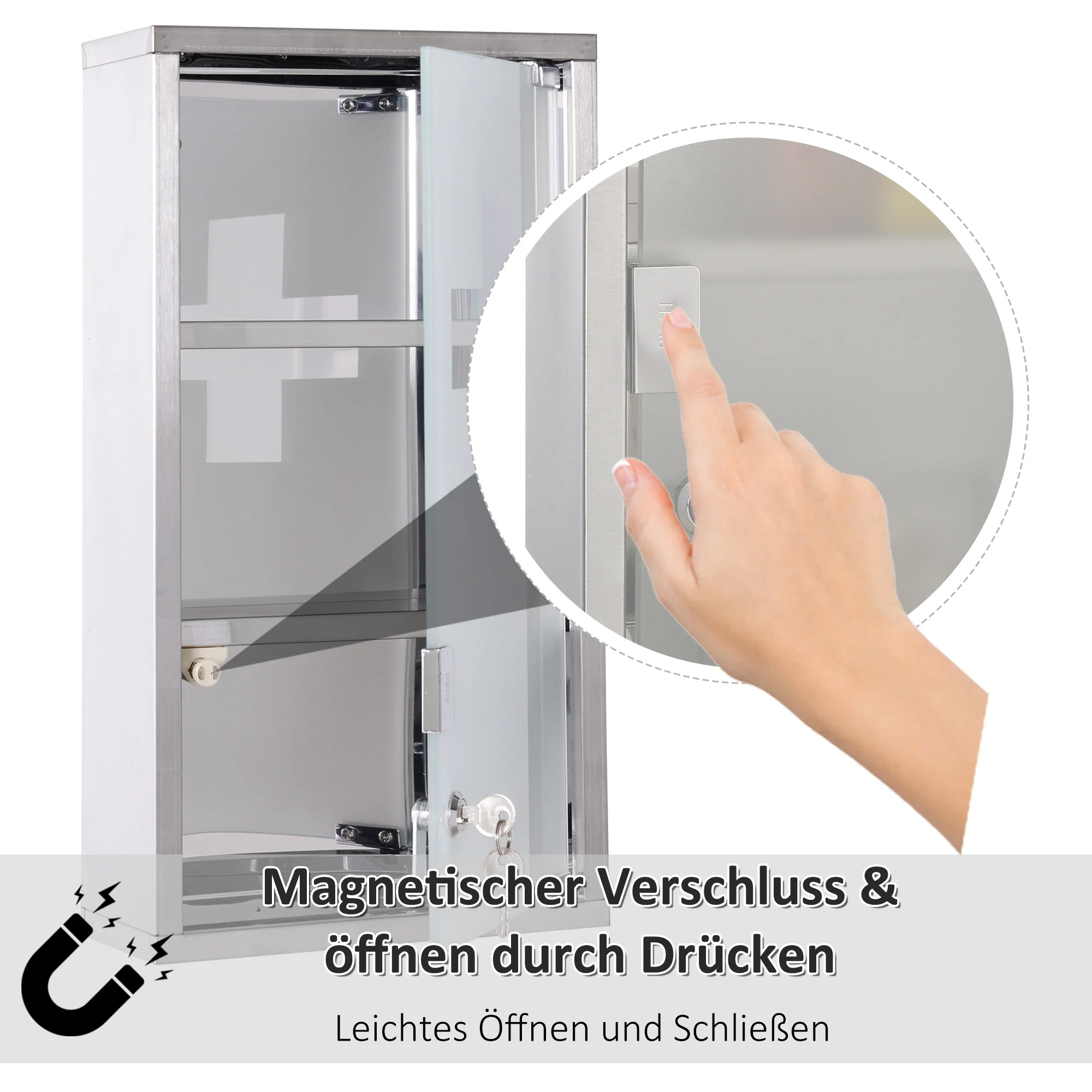 HOMCOM Medizinschrank abschließbar 3 Fächer Edelstahl