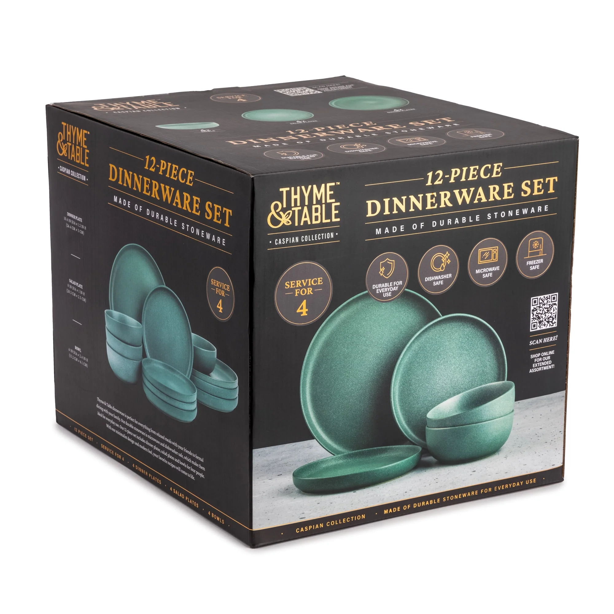 Thyme & Table 12-Piece Stoneware Dinnerware Set, Caspian Green Collection
