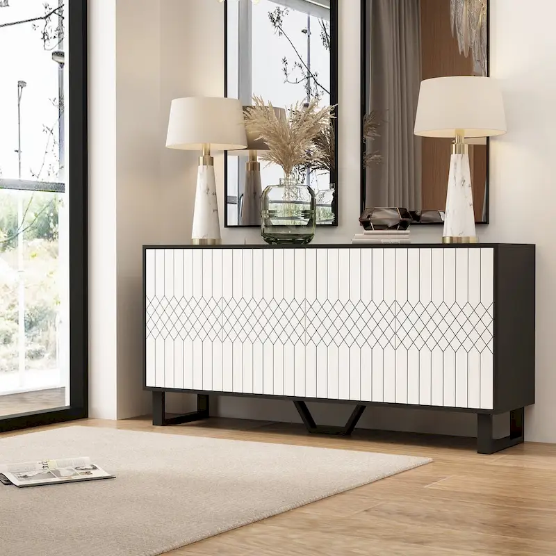 Contemporary 63-Inch Black and White Bookmatched Buffet with 4 Doors - Stylish Sideboard Table
